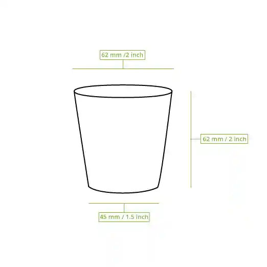 Schematische Zeichnung eines Bechers mit Maßlinien, die eine Höhe von 60 mm und einen Durchmesser von 62 mm anzeigen.