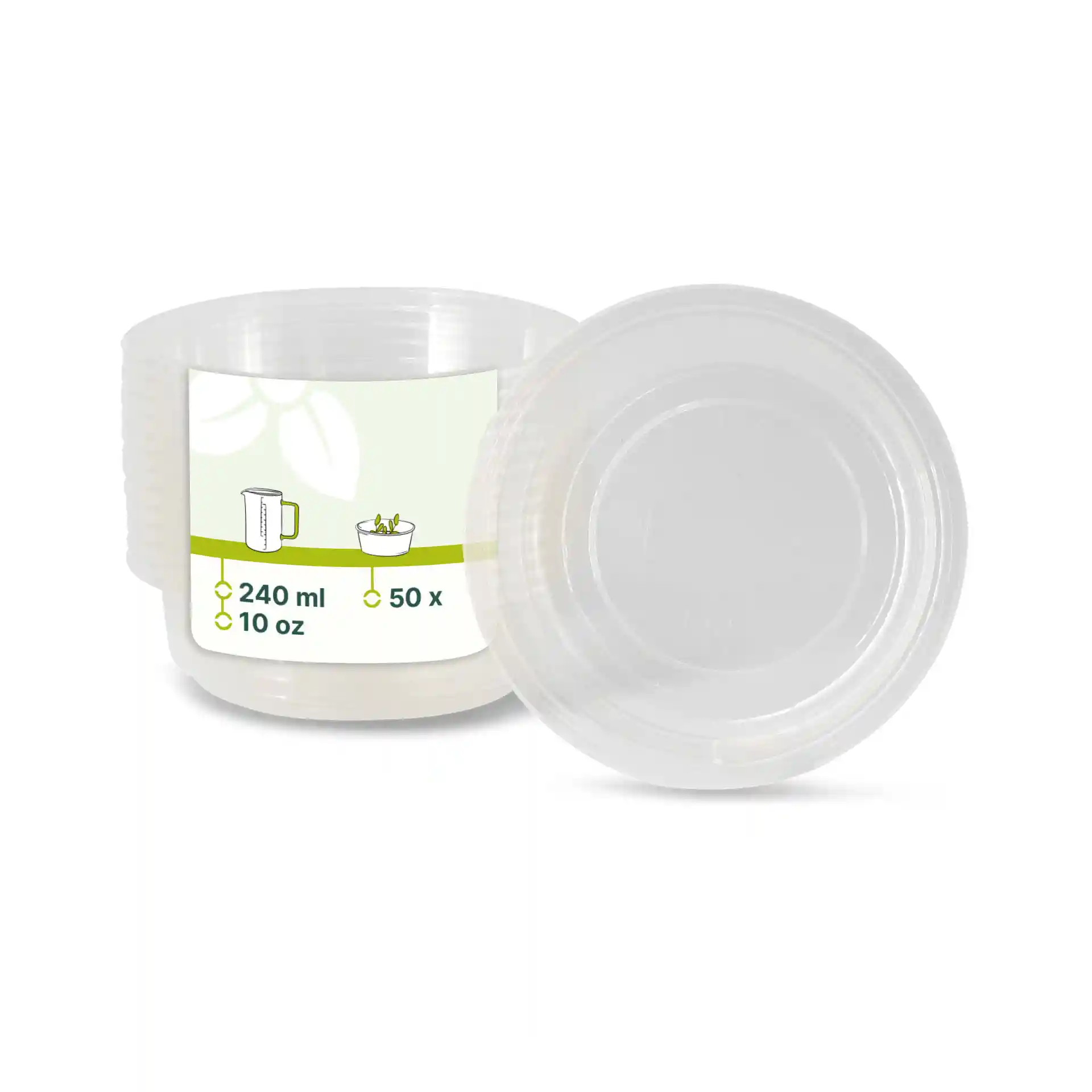 Transparenter runder Deli-Behälter mit einem Volumen von 240 ml, zeigt den Deckel und ein Etikett mit Illustrationen.