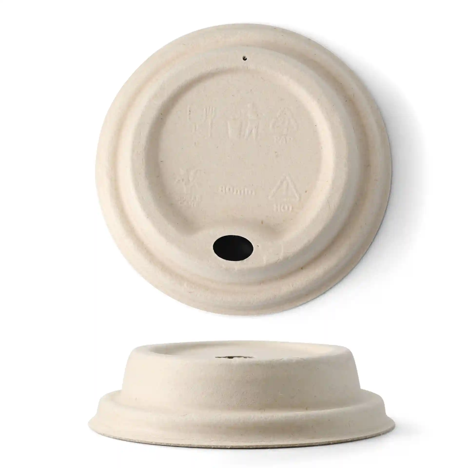 Brauner Zuckerrüben-Deckel für Becher, 80 mm Durchmesser, mit Loch zum Trinken und einer Höhe von 22 mm.