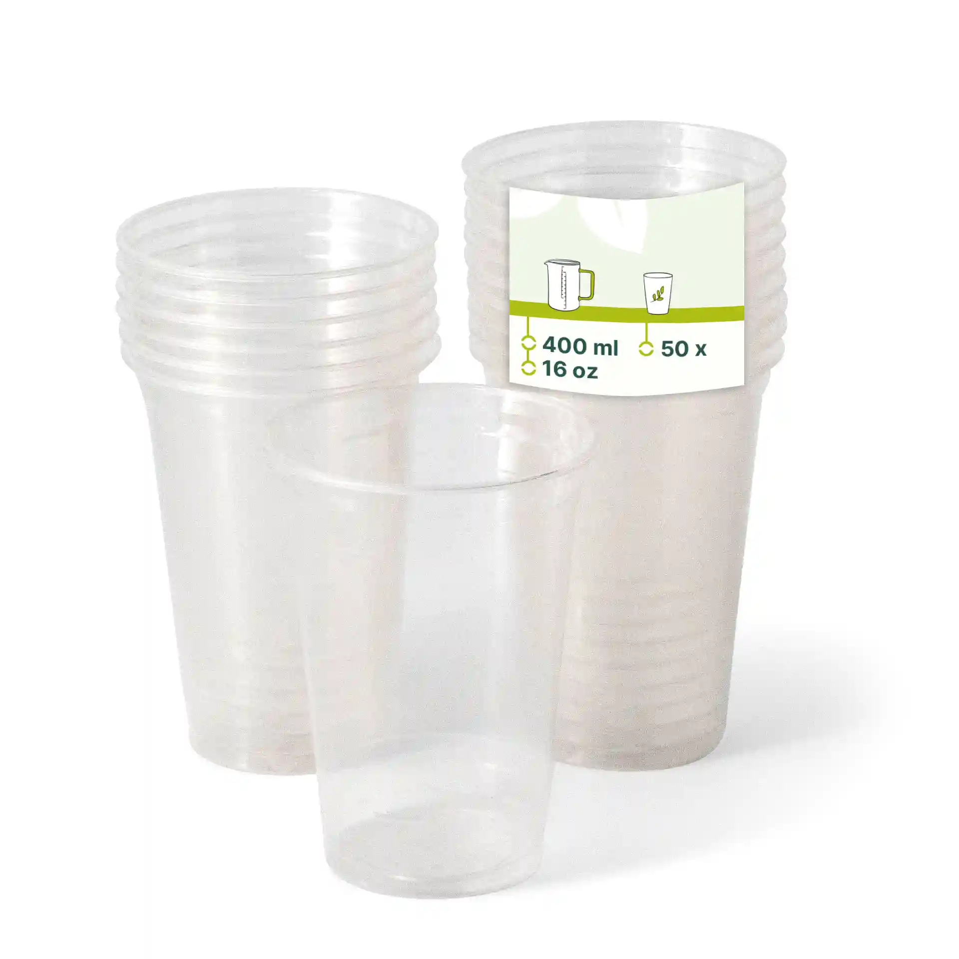 Transparente Plastikbecher gestapelt, mit einem Becher vorne und einem Etikett, das 400 ml Kapazität und 50 Stück zeigt.