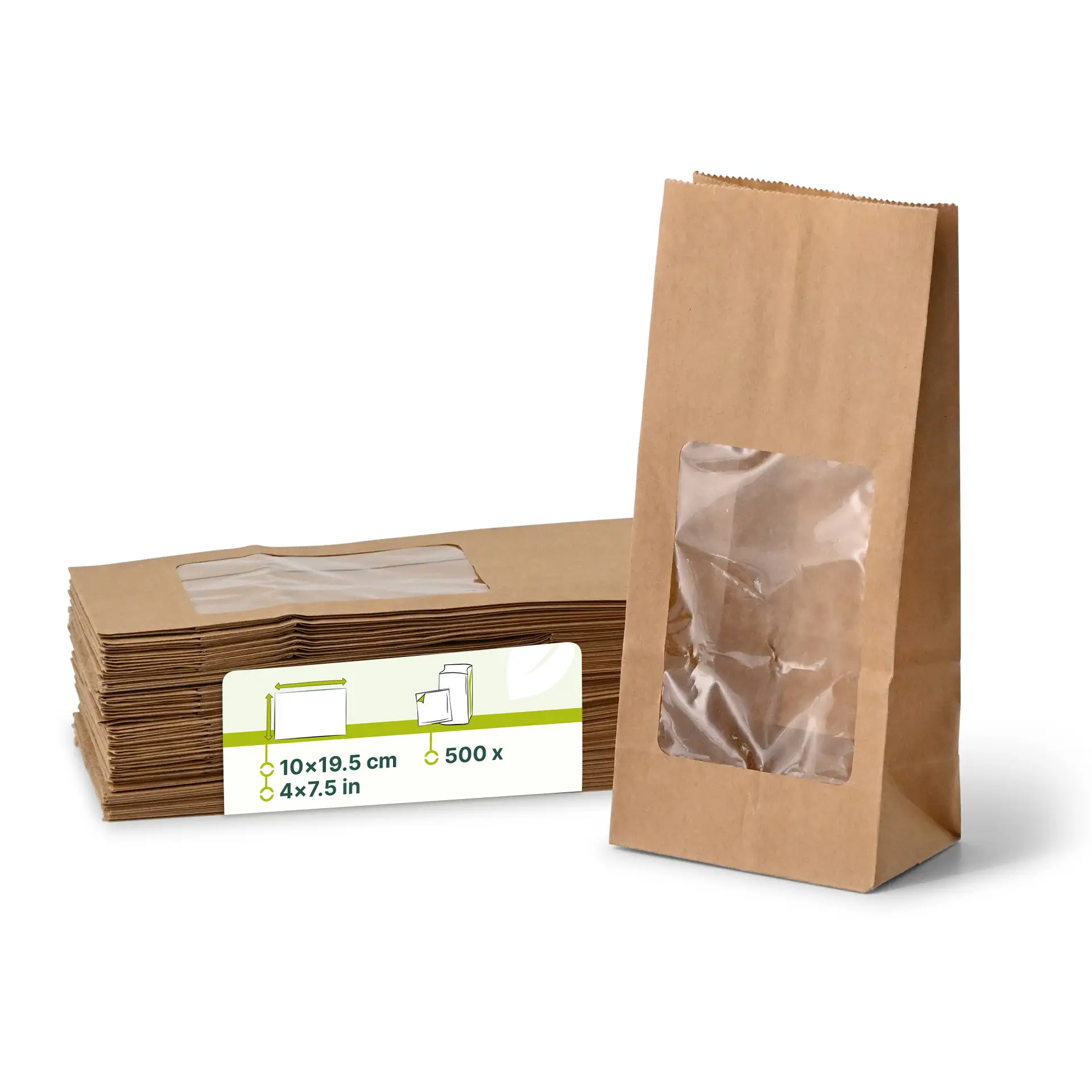 Block bottom-bags with PLA-window S, 10 x 6 x 19,5 cm, brown, kraft paper