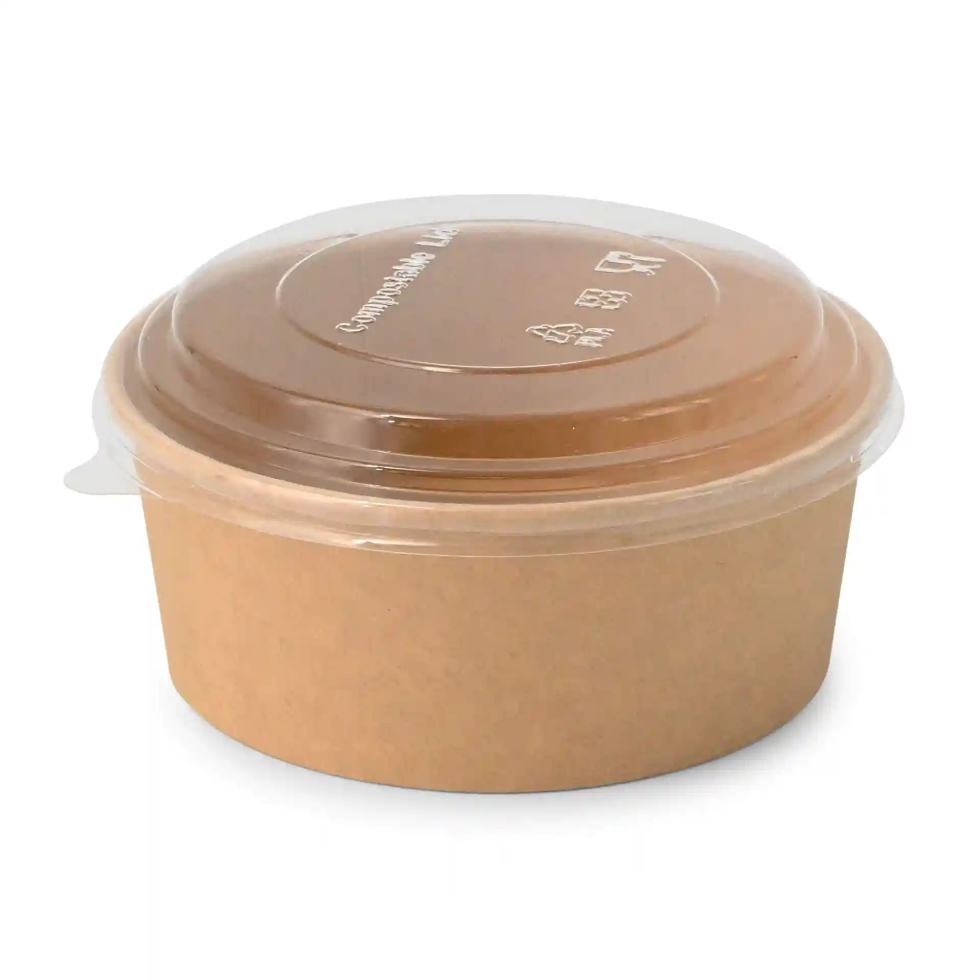 Brown round paper bowl with a clear lid, 150 mm diameter, 62 mm height, made of cardboard.