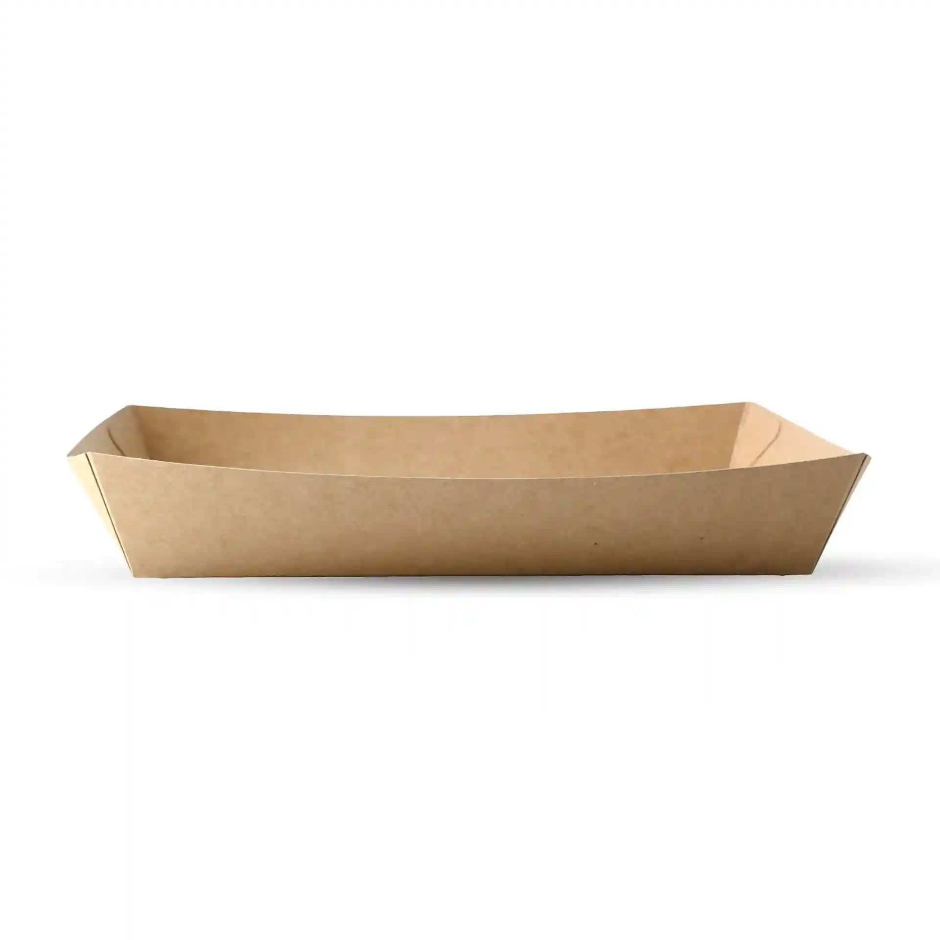 Rectangular brown cardboard tray with dimensions 27 x 20 x 3.5 cm, designed for holding food items.