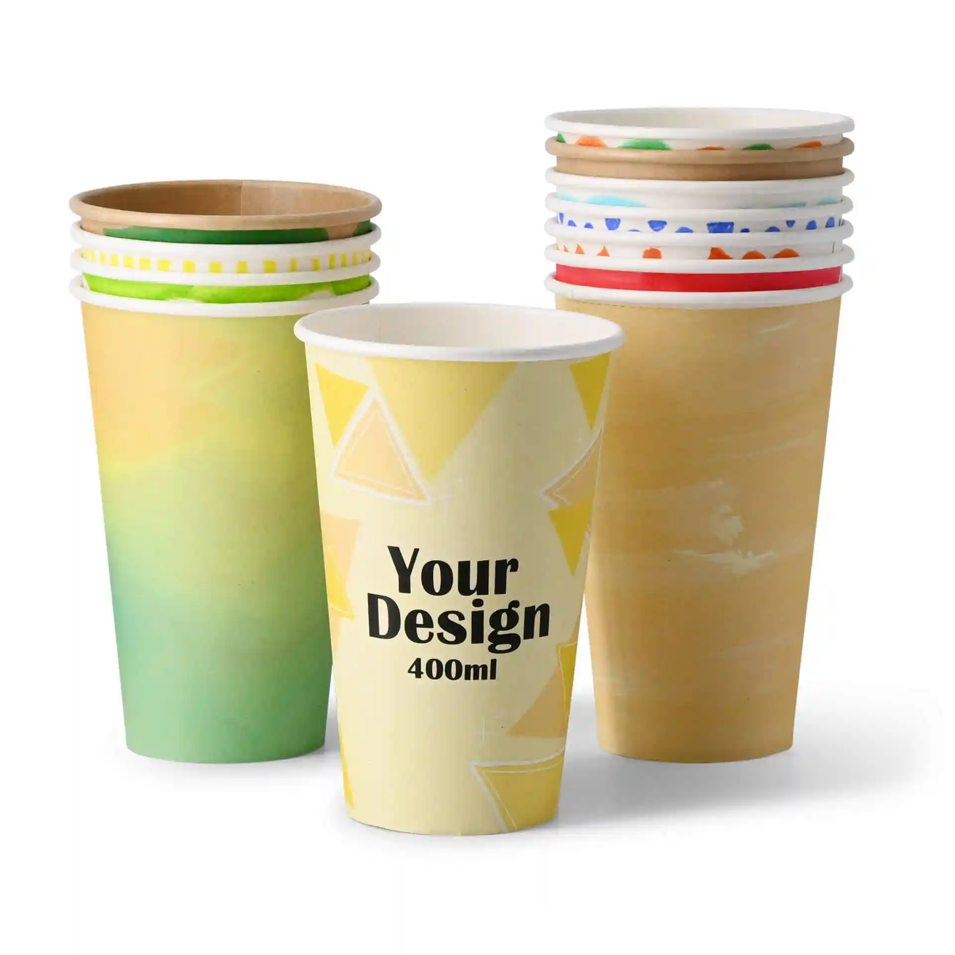 Image of several paper cups with various designs, including a prominent cup labeled "Your Design" and a capacity of 400 ml.