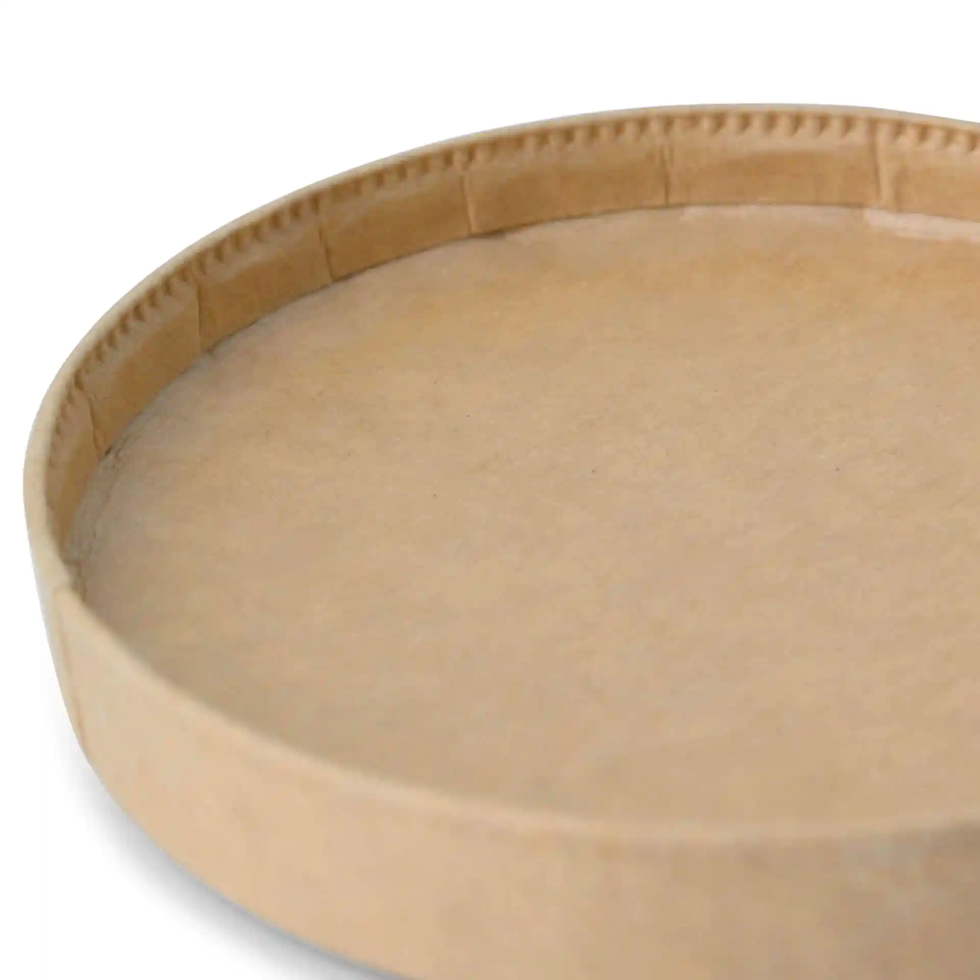 Brown cardboard lid with a round shape, showing the inner surface and edge details.