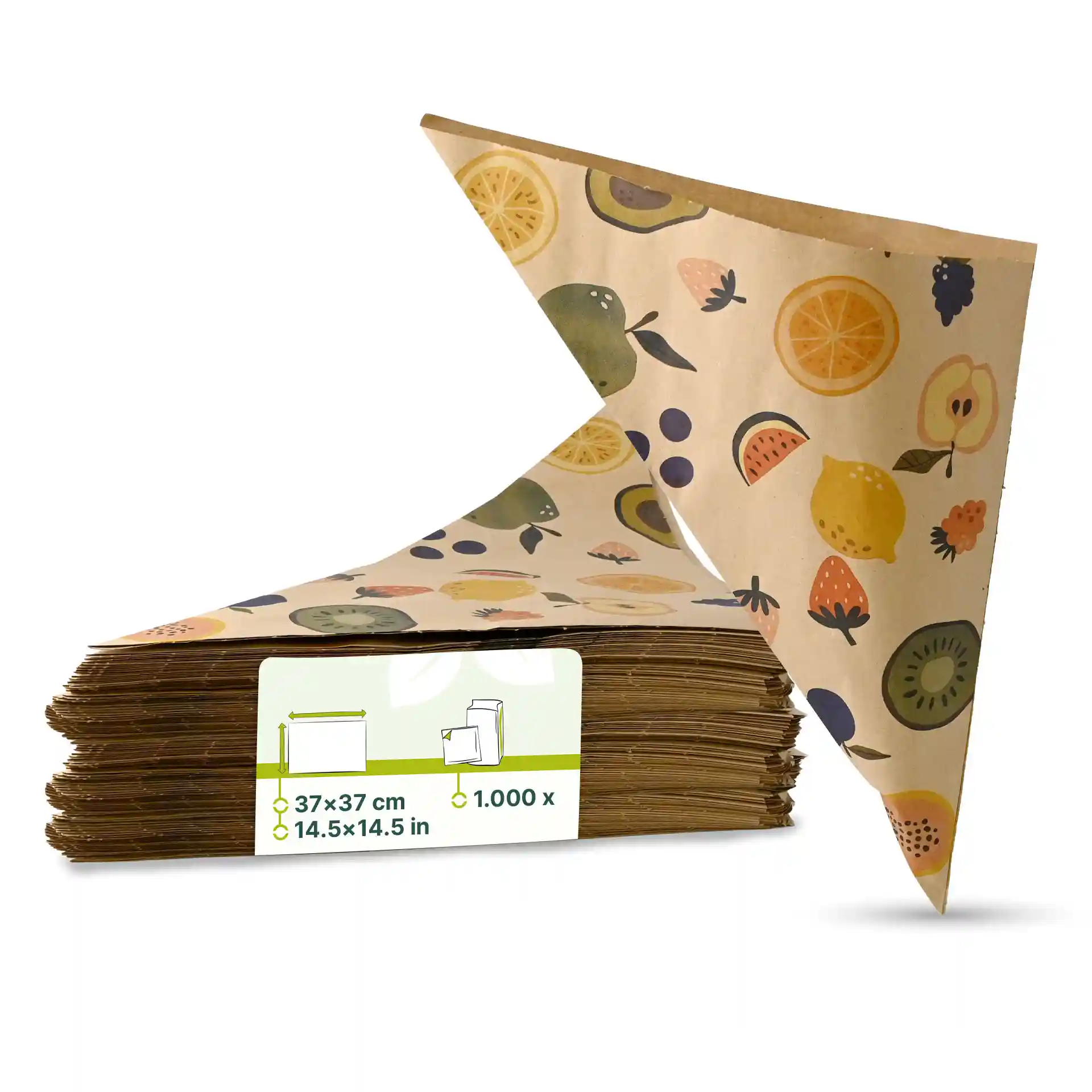 Brown paper cone bags with a fruit design, measuring 37 × 37 cm, stacked with one corner folded.