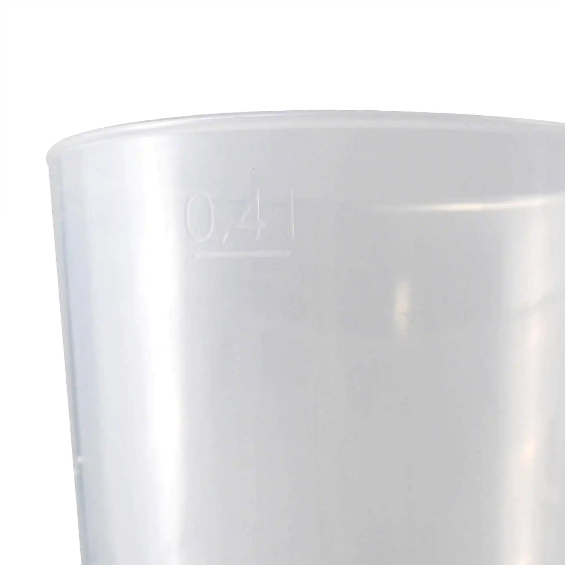 Clear reusable cup with a height of 134 mm and a filling volume of 400 ml, showing a measurement marking of 0.41.