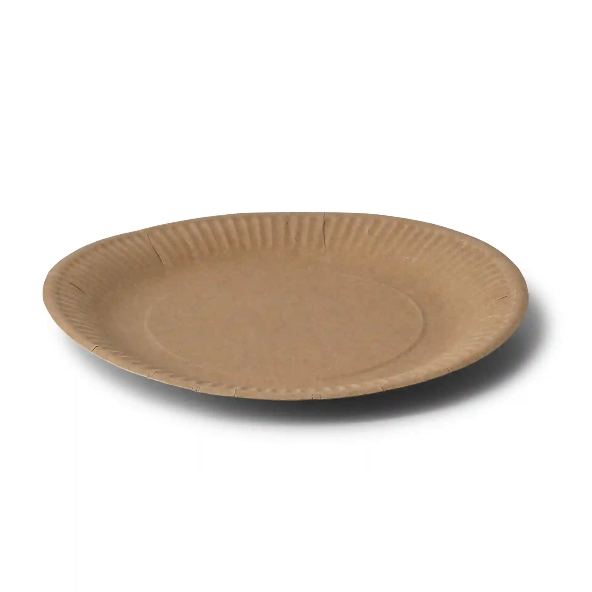 Brown round paper plate with a diameter of 23 cm, featuring a shallow design and no coating.