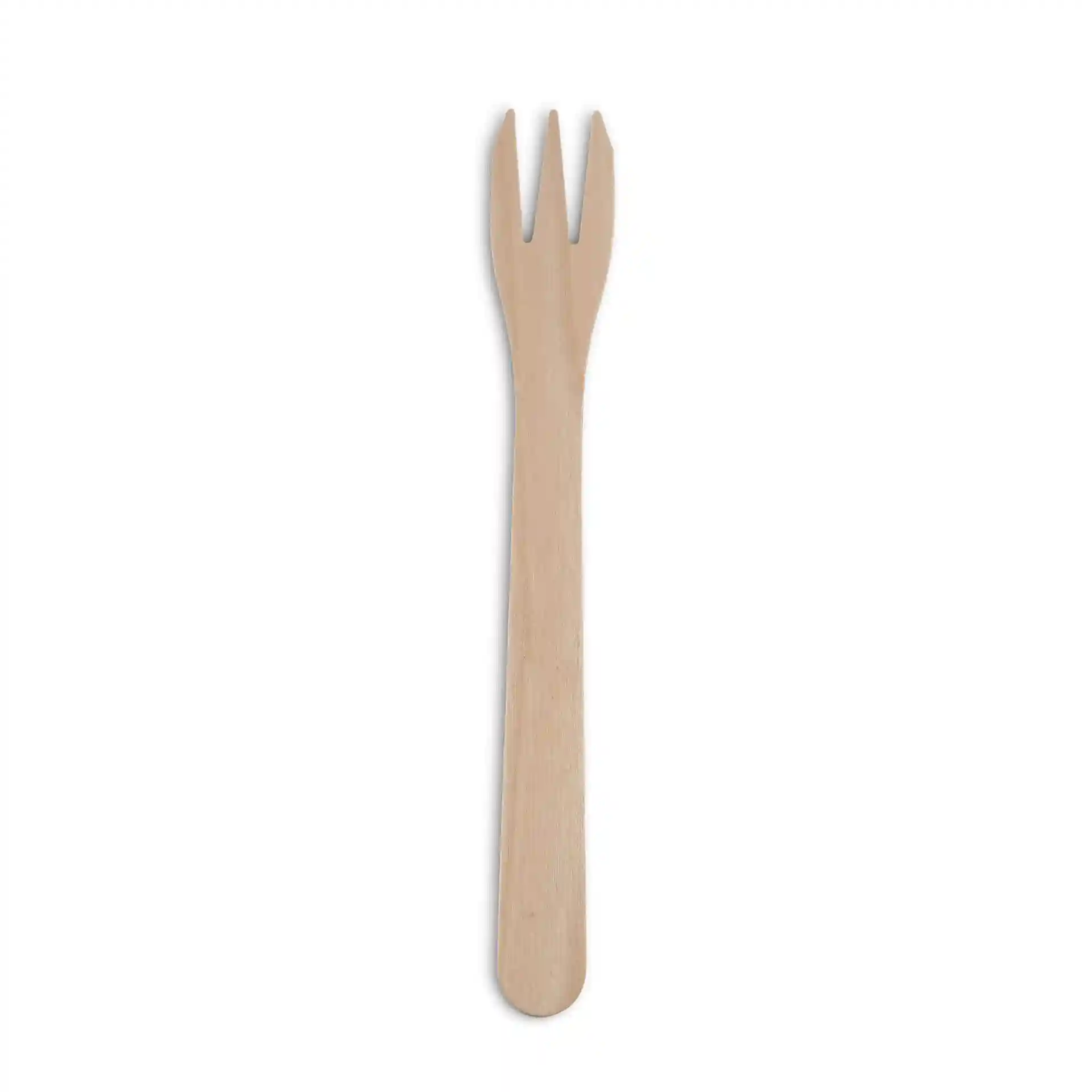 Wooden chip fork with three prongs, measuring 17.5 cm in length, on a plain background.