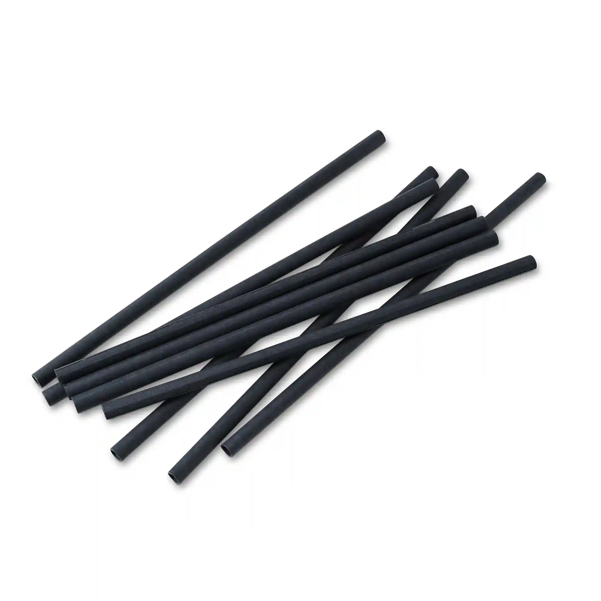 Black paper jumbo drinking straws, 23 cm long and 0.8 cm in diameter, arranged in a scattered position.