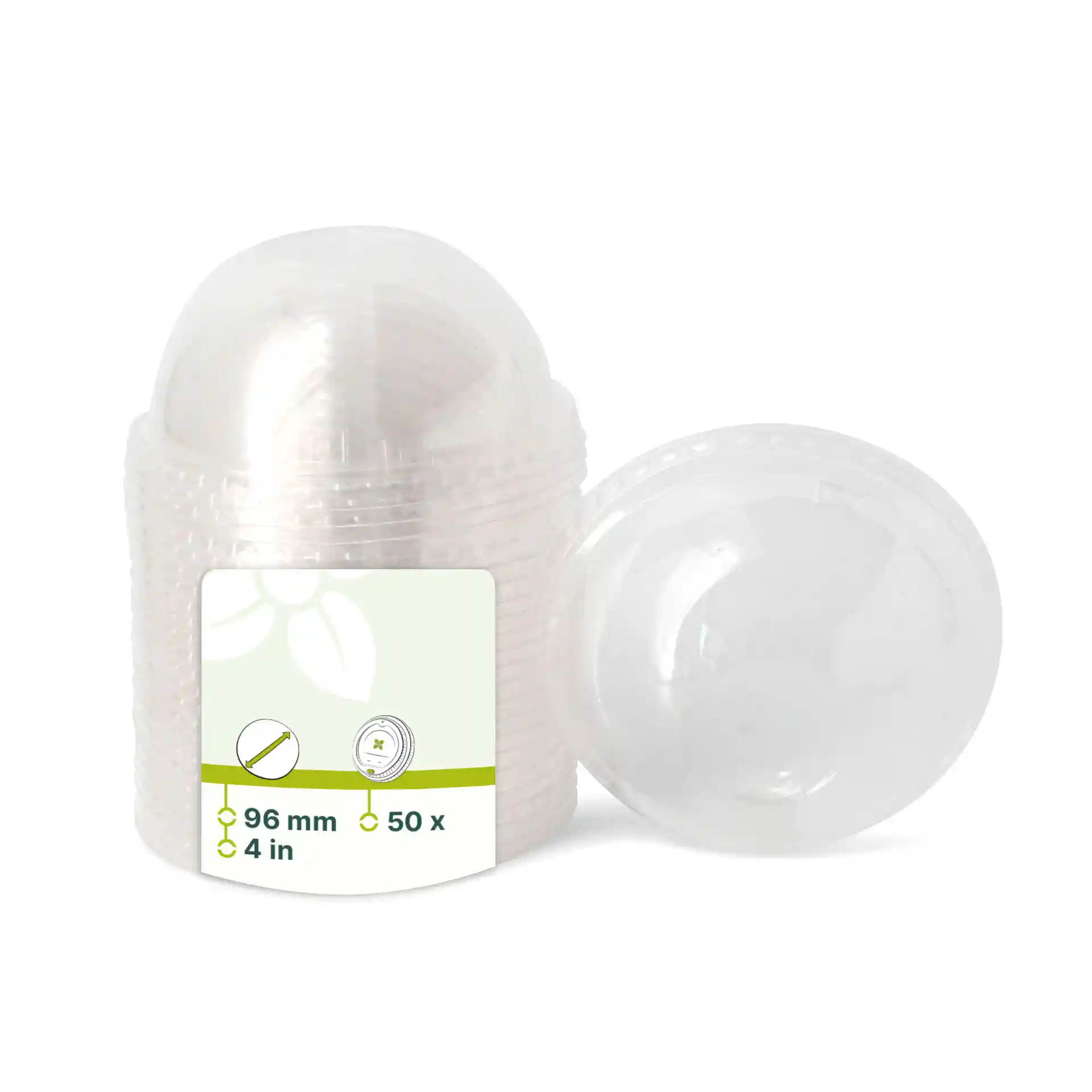 Transparent PLA dome lid with a diameter of 96 mm, shown with a partially visible label.