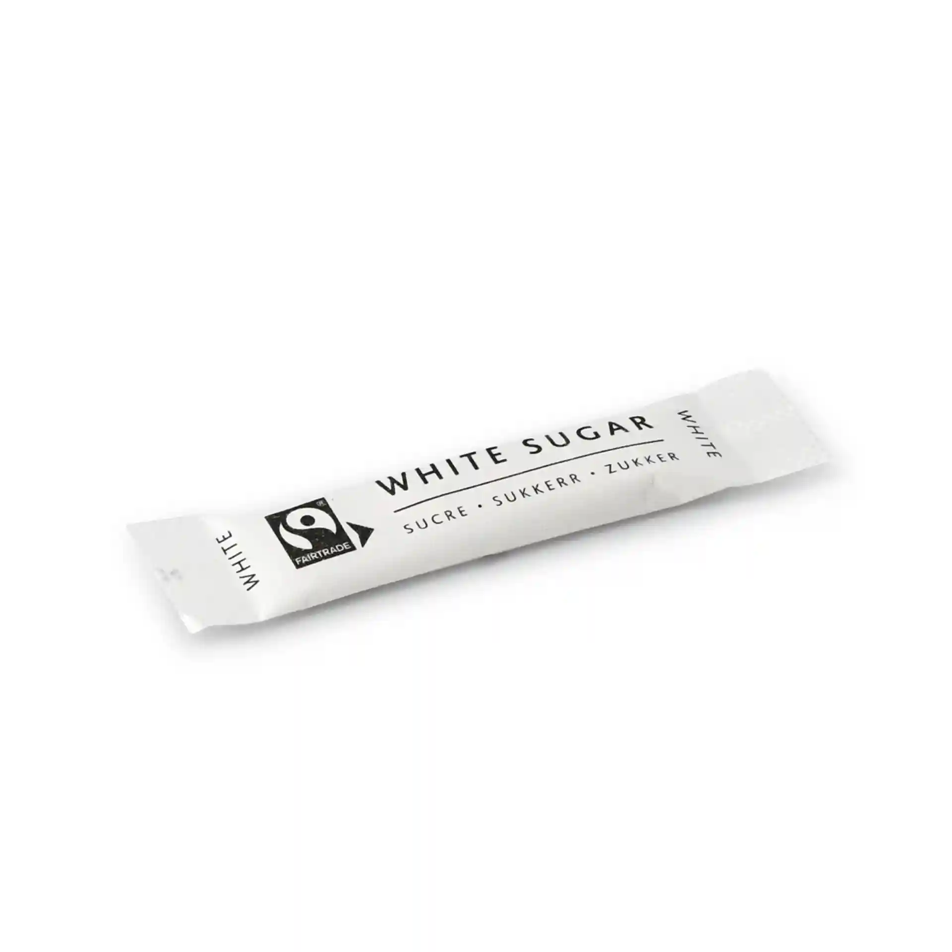 White sugar stick with a length of 74 mm and width of 16 mm, featuring a Fairtrade logo and text.