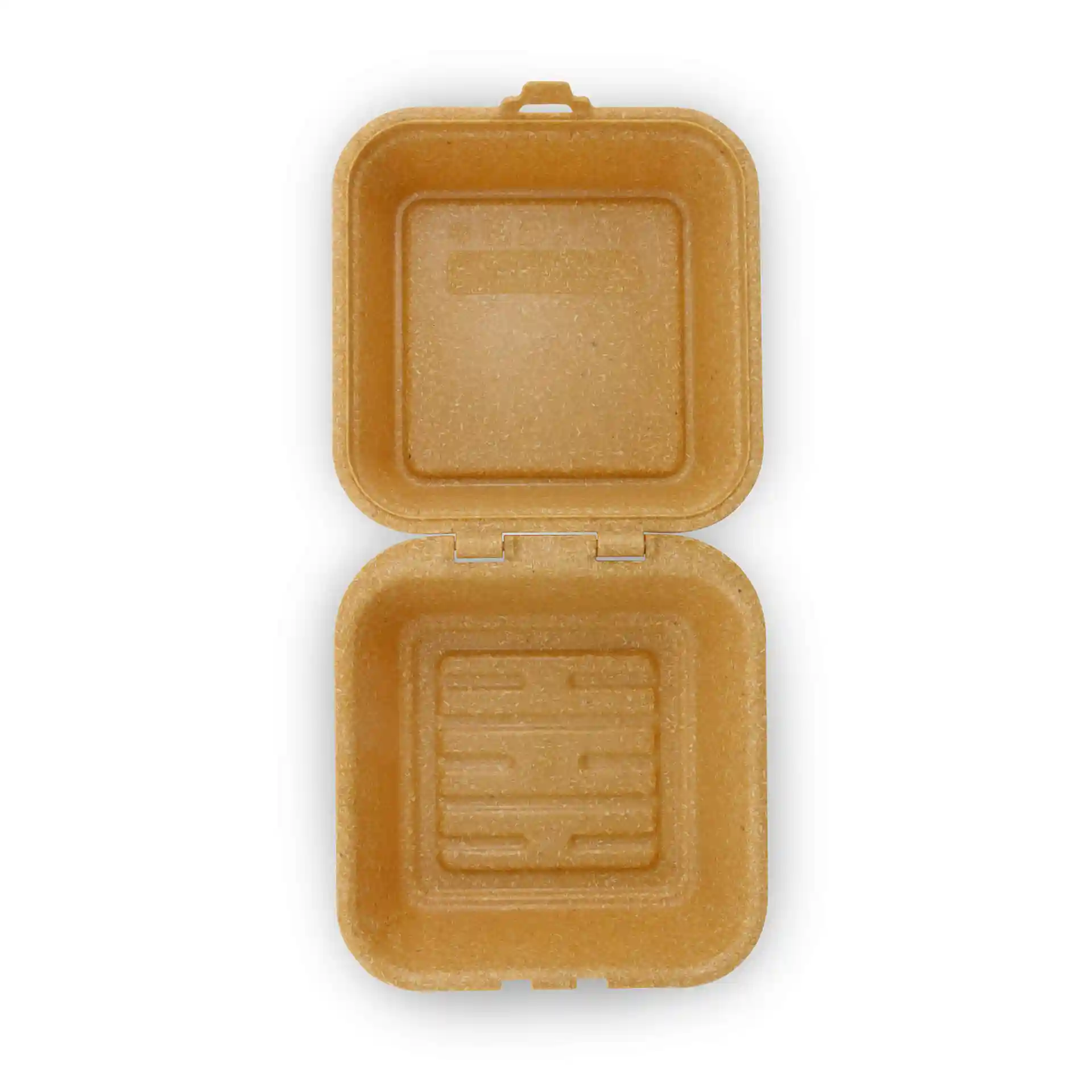 Braune wiederverwendbare Burgerbox mit Klappdeckel, mit strukturiertem Boden und den Maßen 16 x 15 x 8,5 cm.
