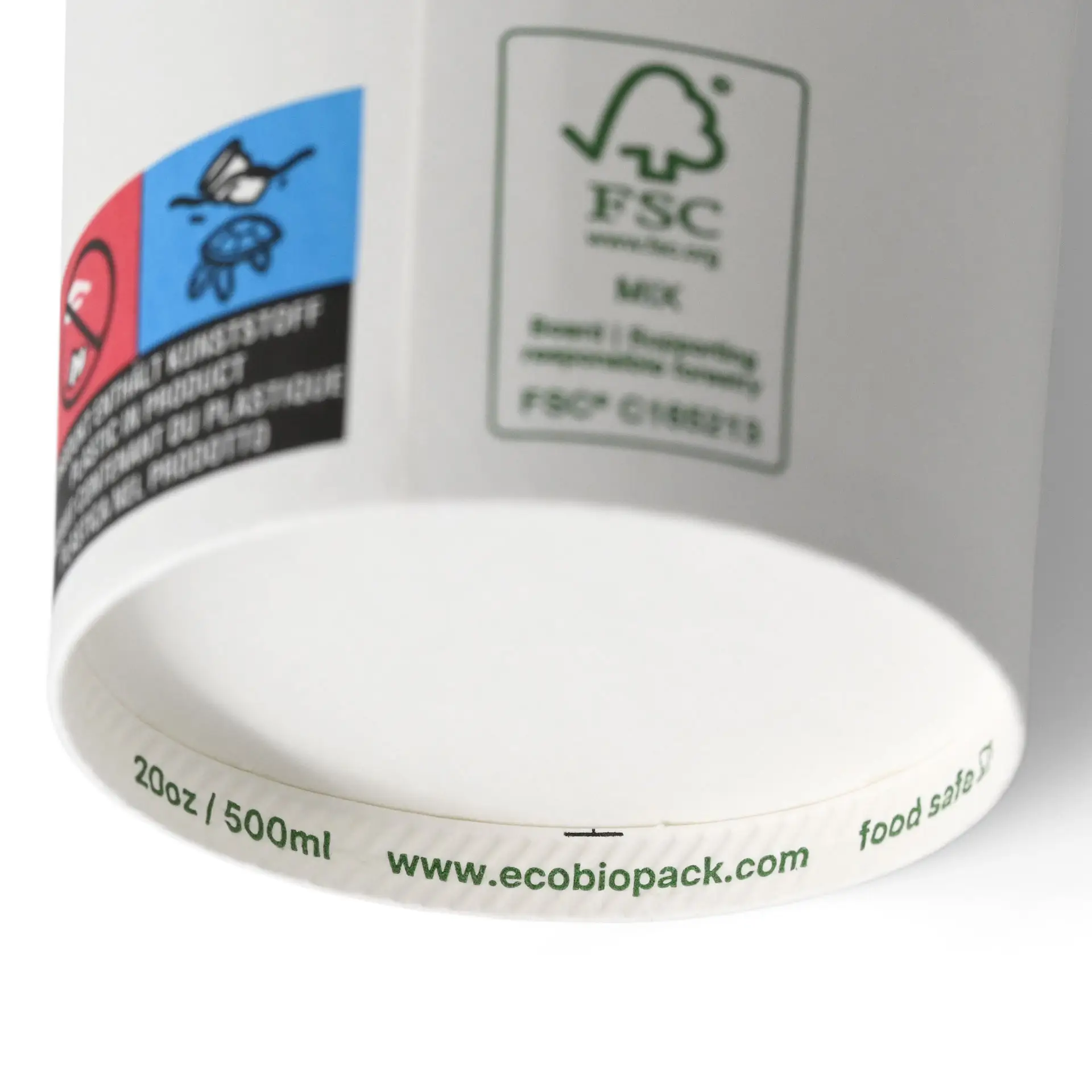 Single-wall white paper cup, 500 ml, PLA-coated with various labels and markings, suitable for hot and cold drinks.
