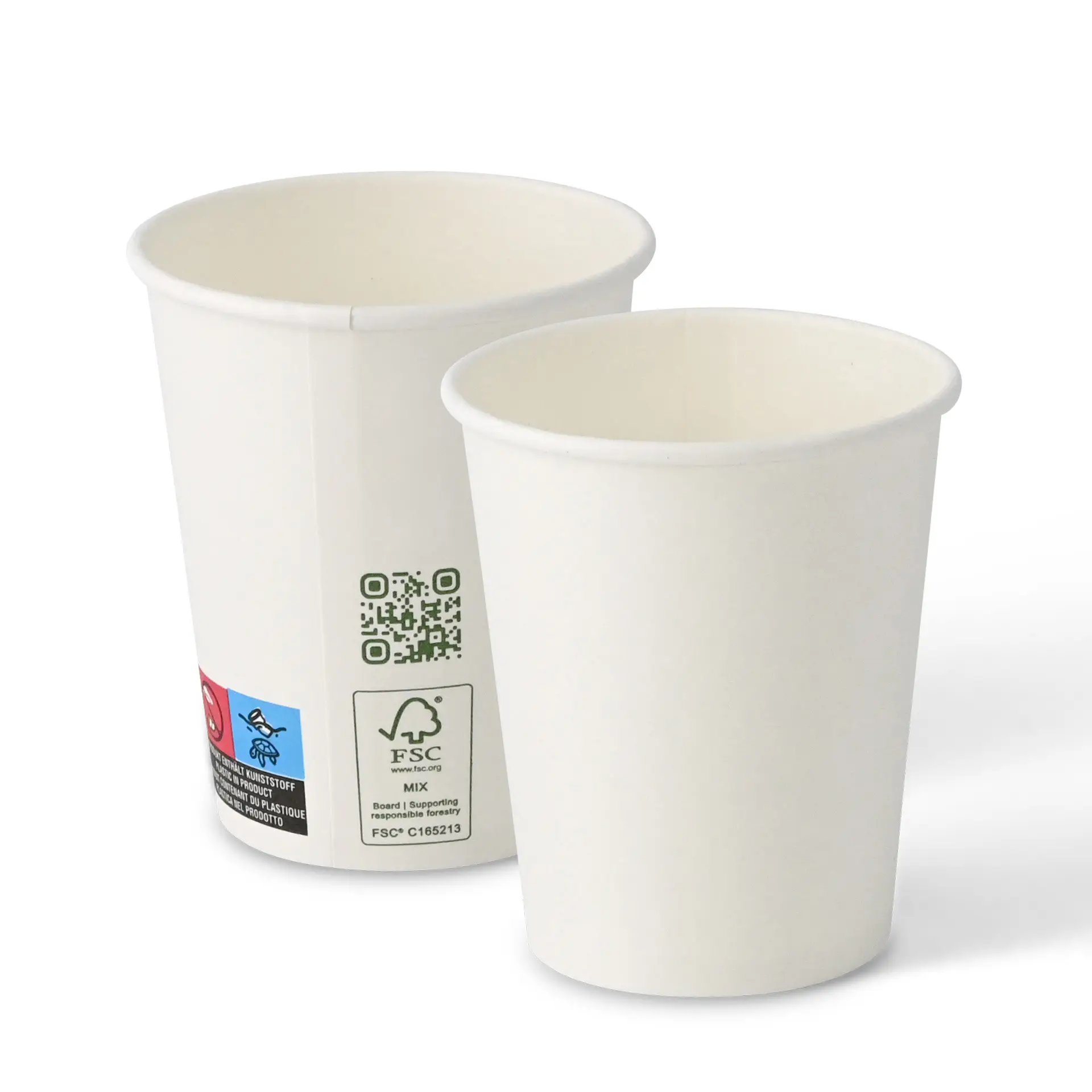 White single-wall paper cups with PLA coating, suitable for hot and cold drinks; QR code on one cup for eco-information.