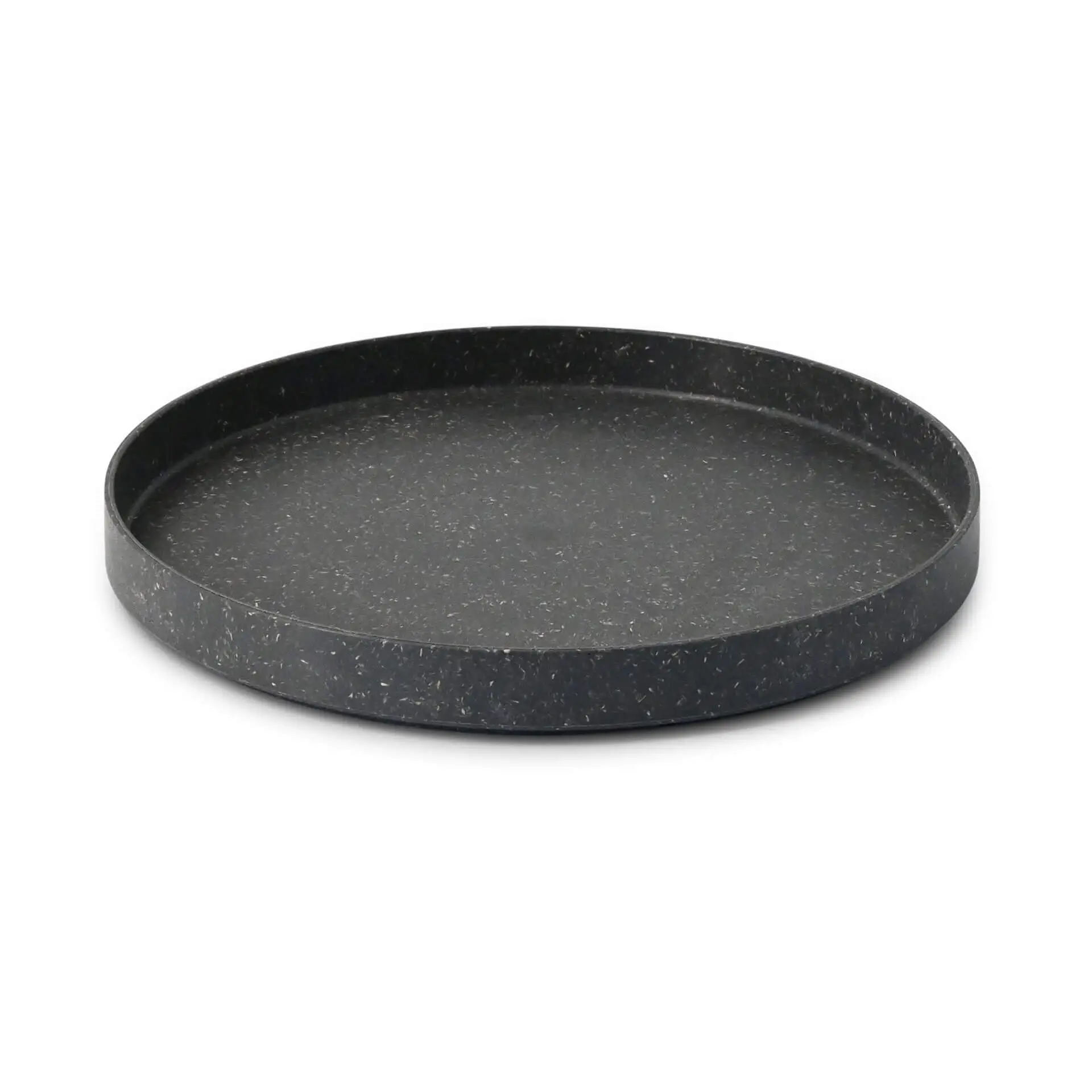 Round grey plate made of bio compound, 20 cm in diameter, with a shallow design and no coating.