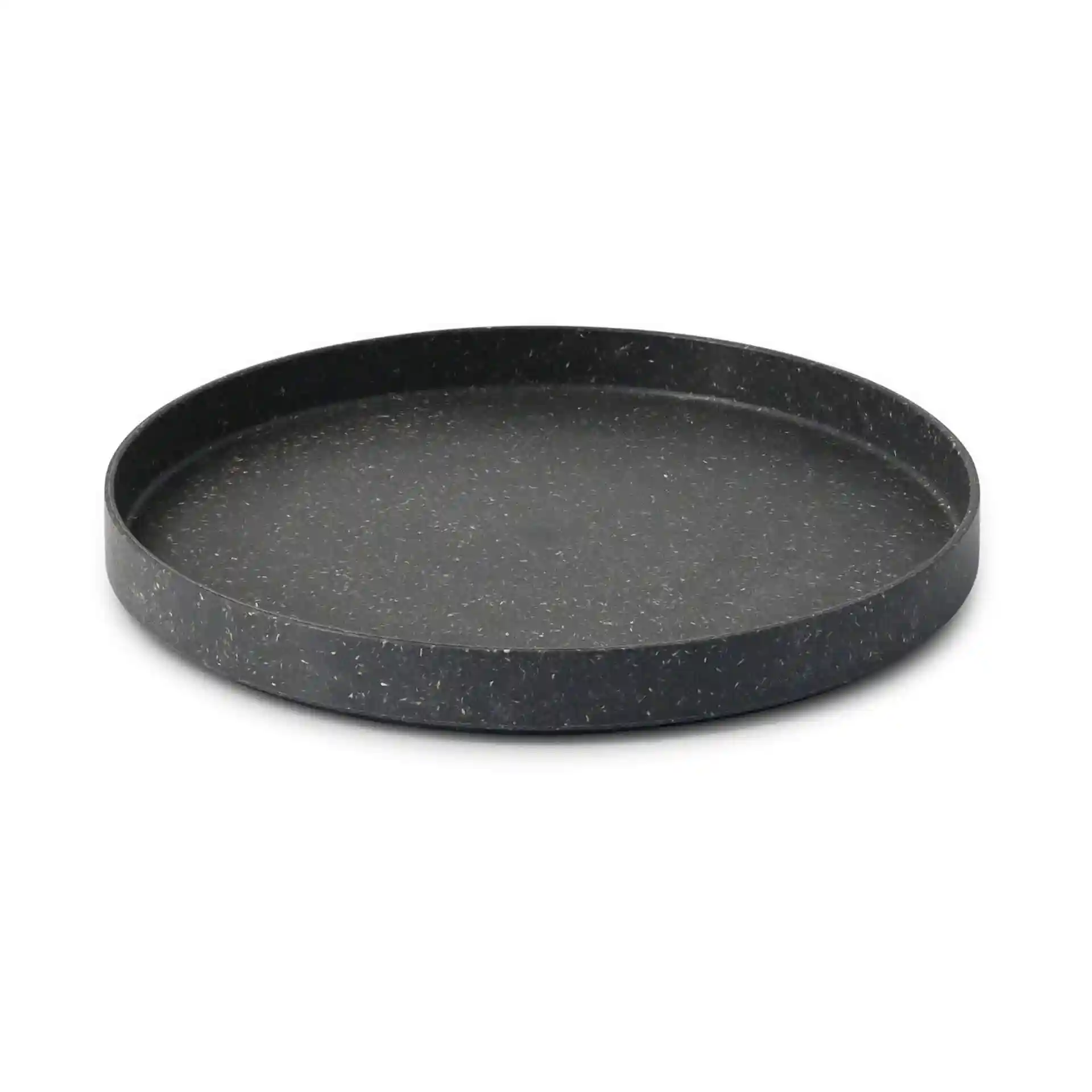 Round grey plate made of bio compound, 20 cm in diameter, with a shallow design and no coating.