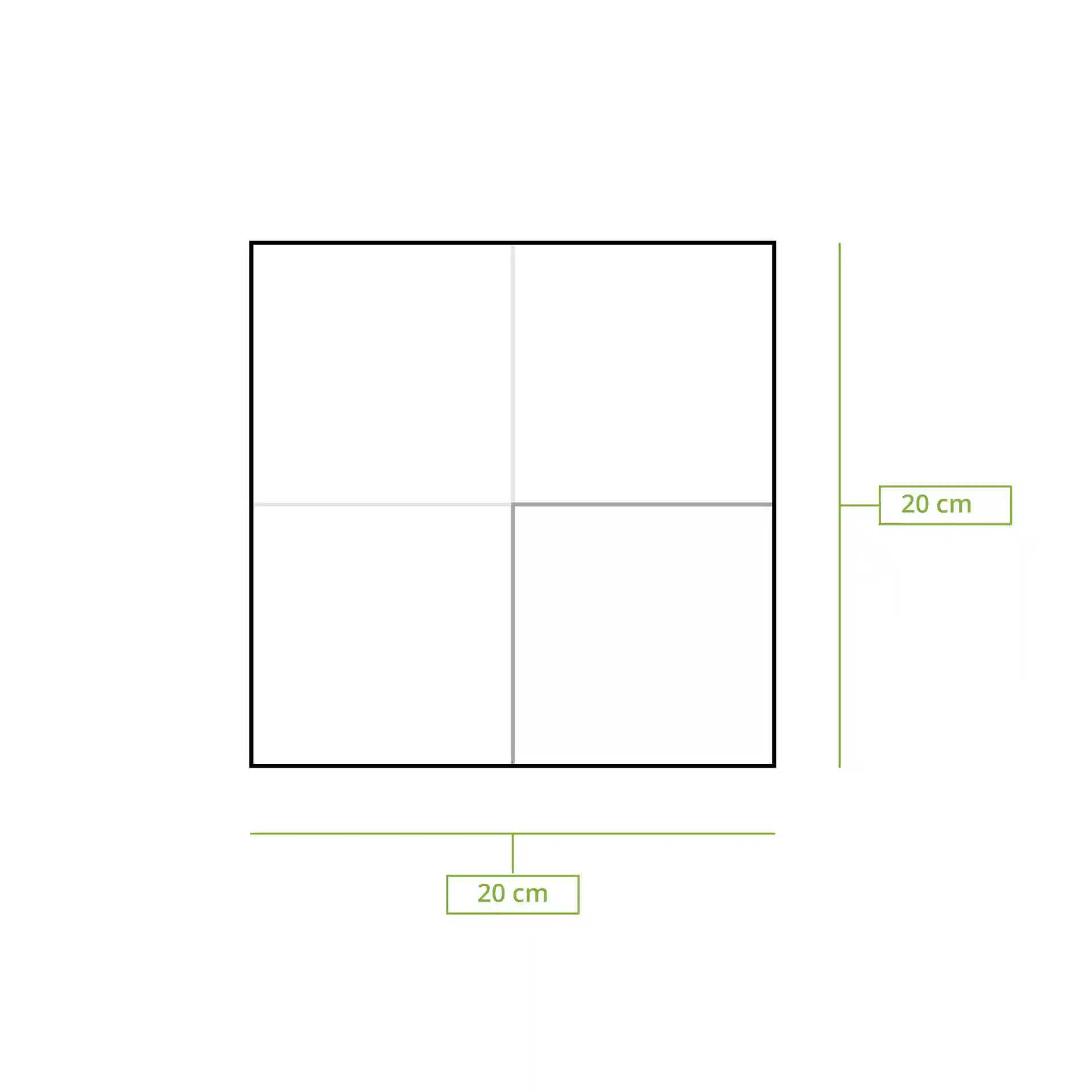 Schematische Zeichnung einer quadratischen Serviette mit den Maßen 20 cm auf zwei Seiten.