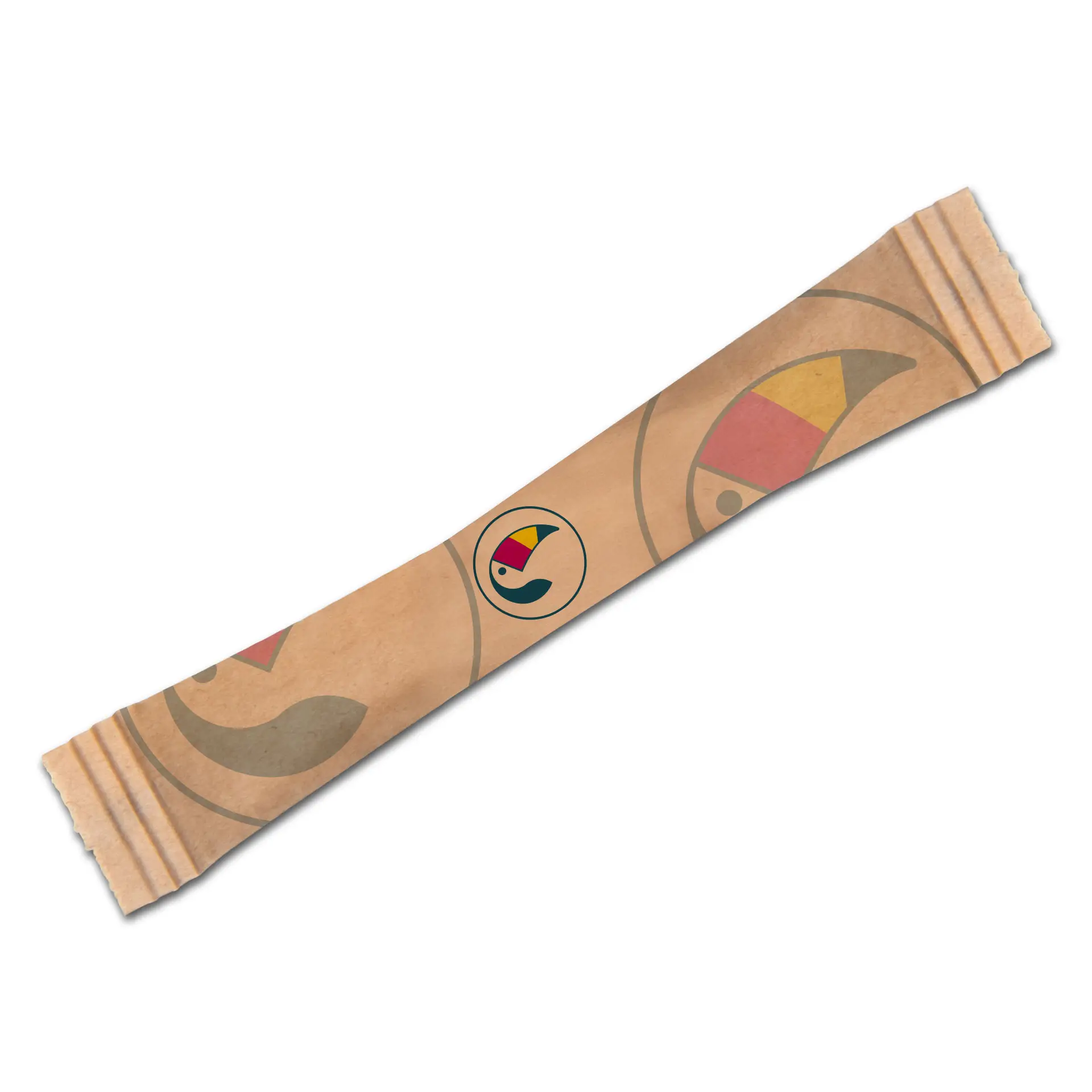 Brauner Bio-Rohrzucker-Stick mit Logo, in Kraftpapier eingewickelt, mit buntem Design.