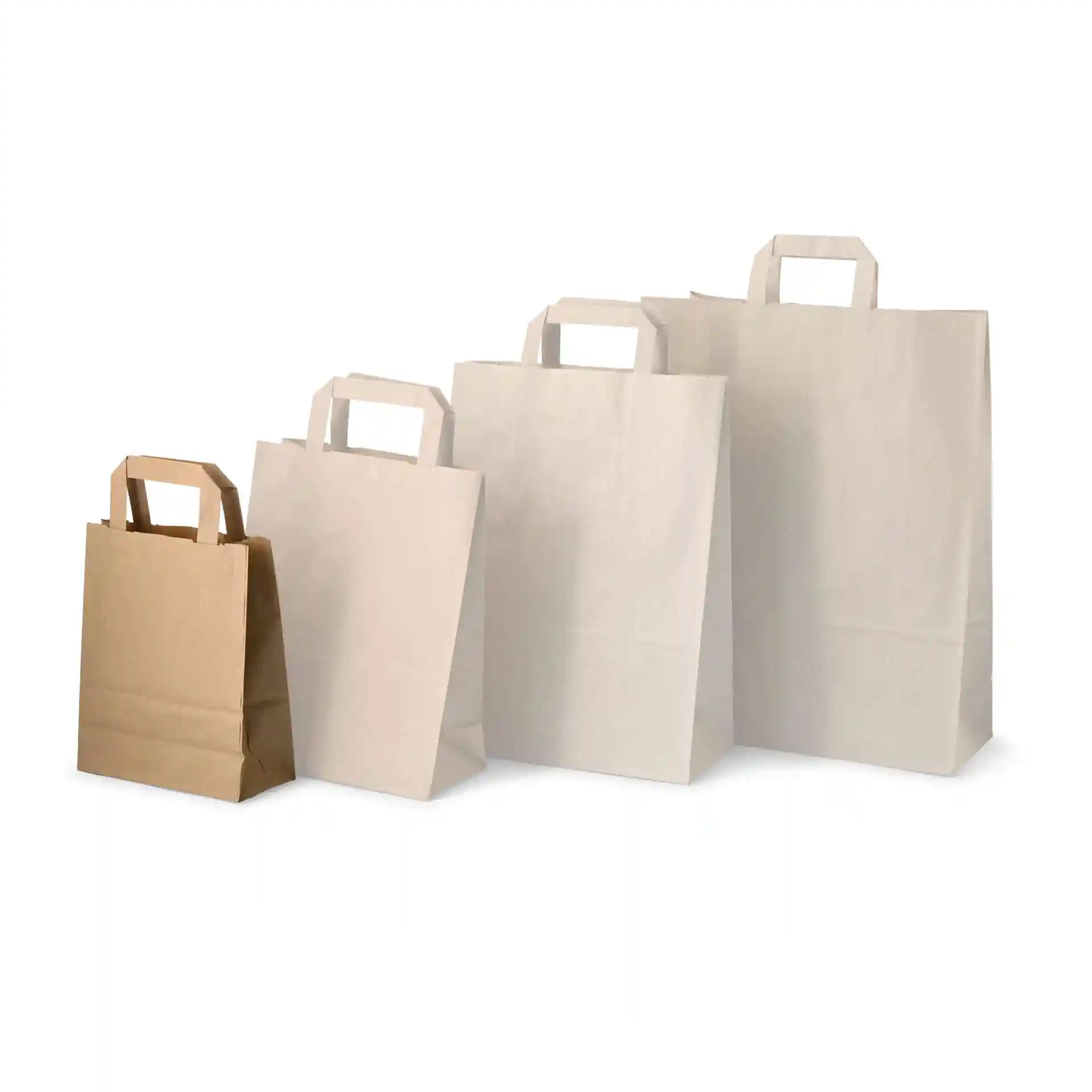 Image of four paper carrier bags in various sizes, including one brown bag and three white bags with handles.