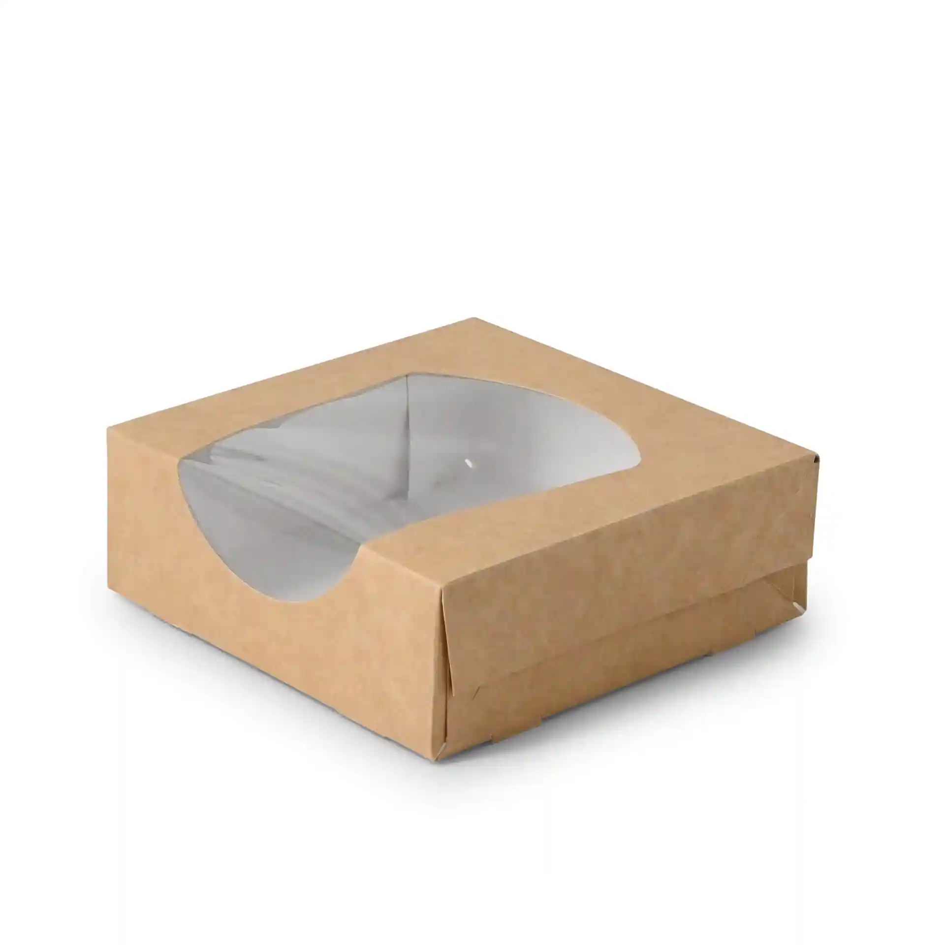 Brown cardboard window box with a clear cellulose window, measuring 12 x 12 x 4 cm.