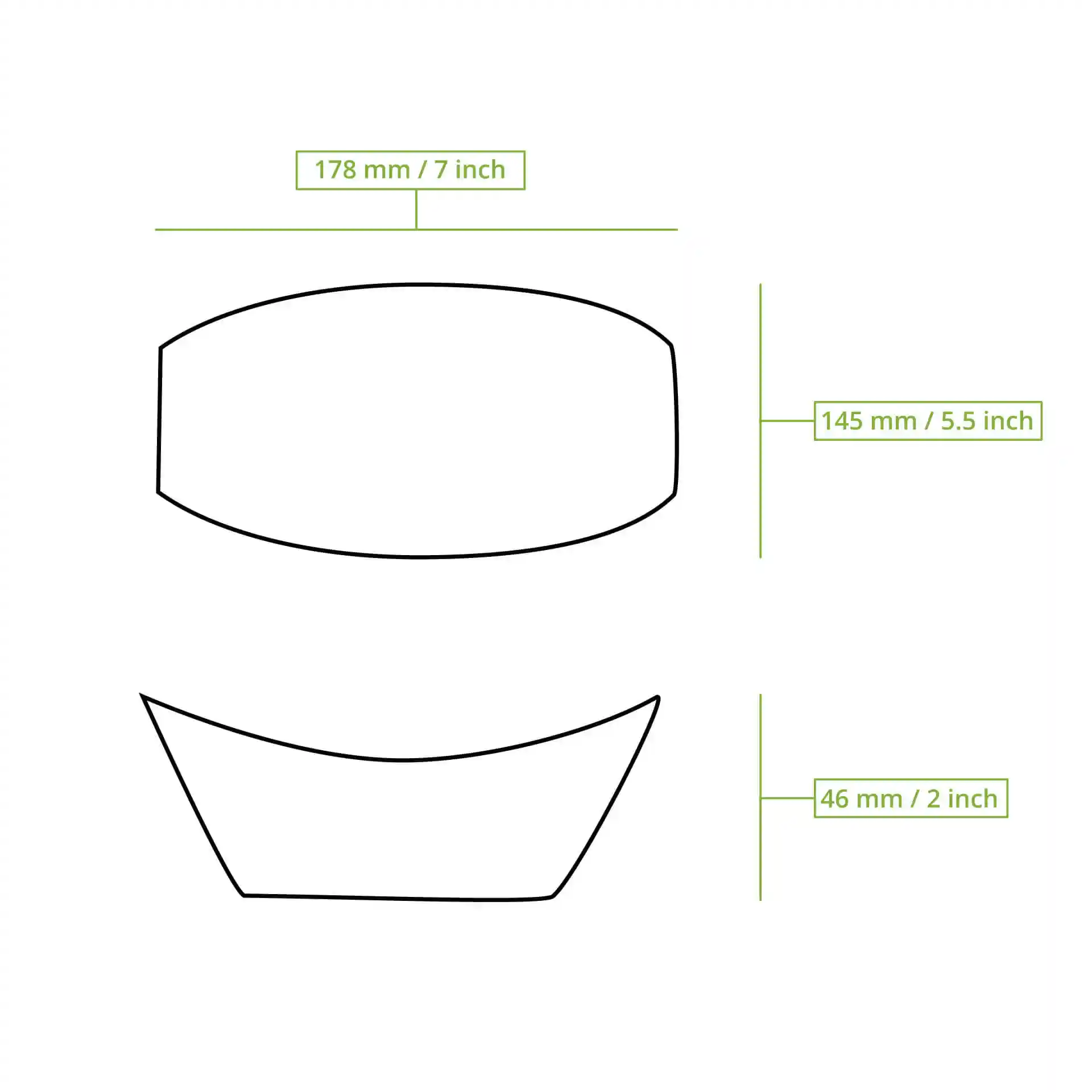 Schematic drawing of a rectangular food tray with dimensions 178 mm by 145 mm and height 46 mm.