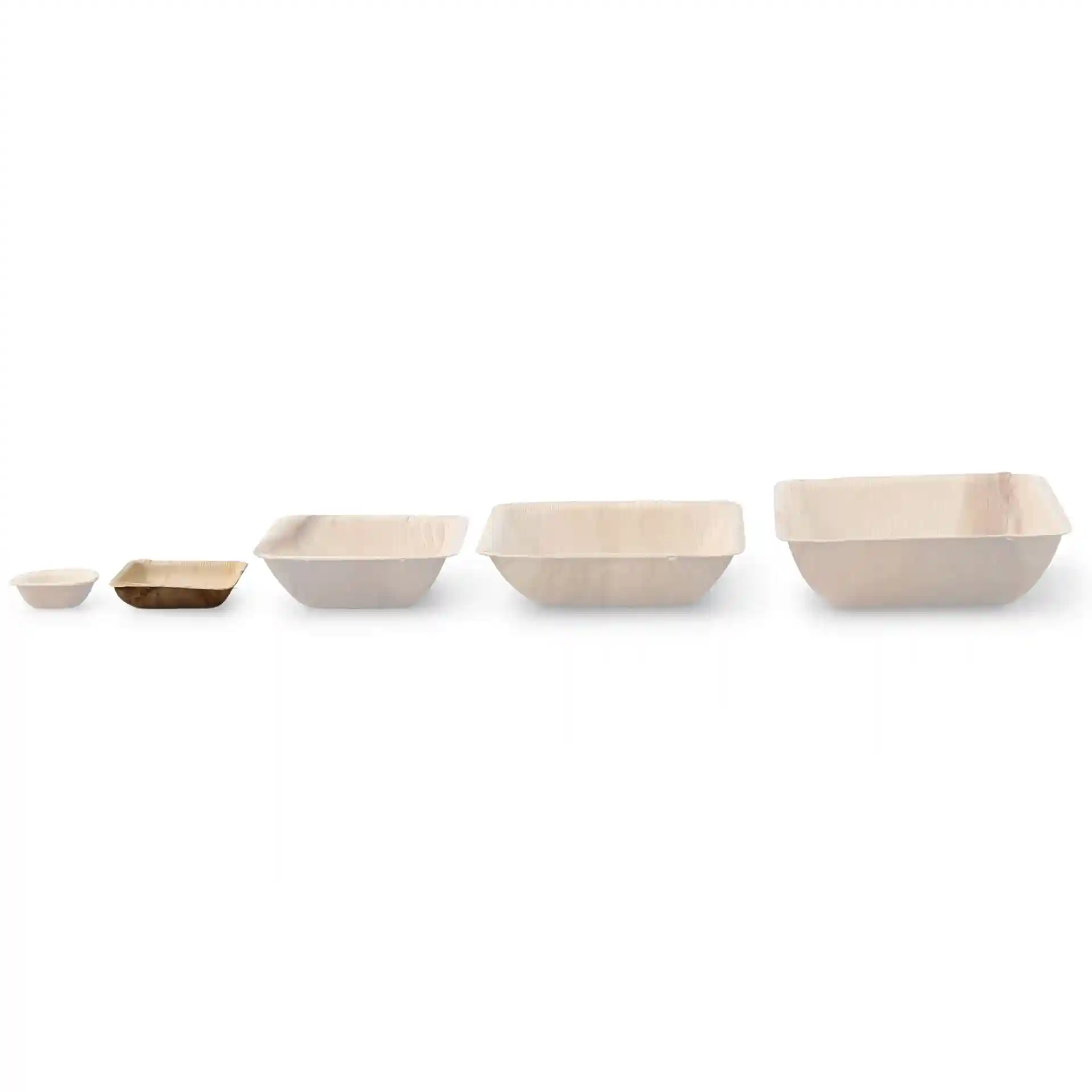 Image of five square palm leaf bowls in varying sizes, arranged from smallest to largest, on a plain background.