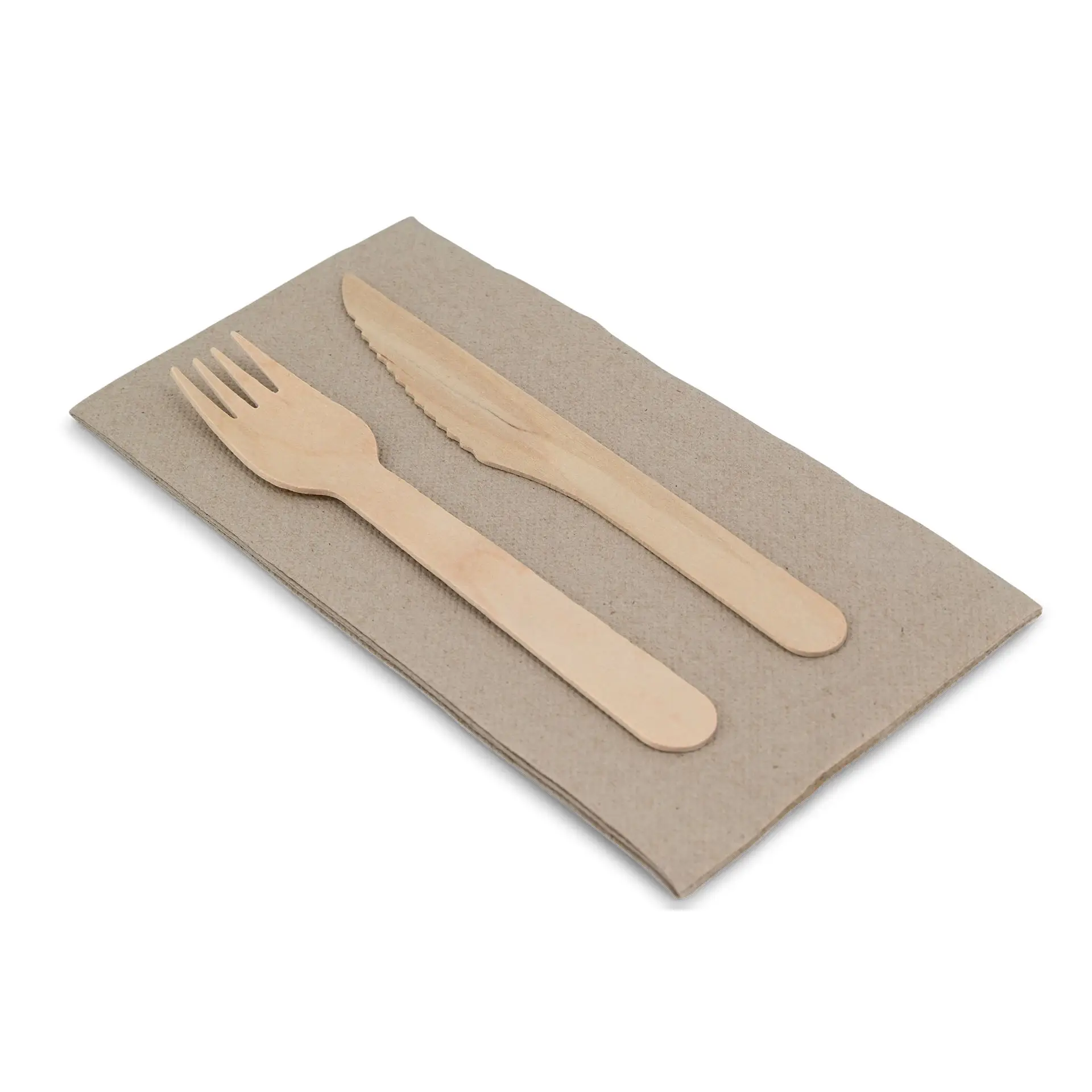 Set of wooden cutlery including a fork and knife on a rectangular unbleached paper napkin.