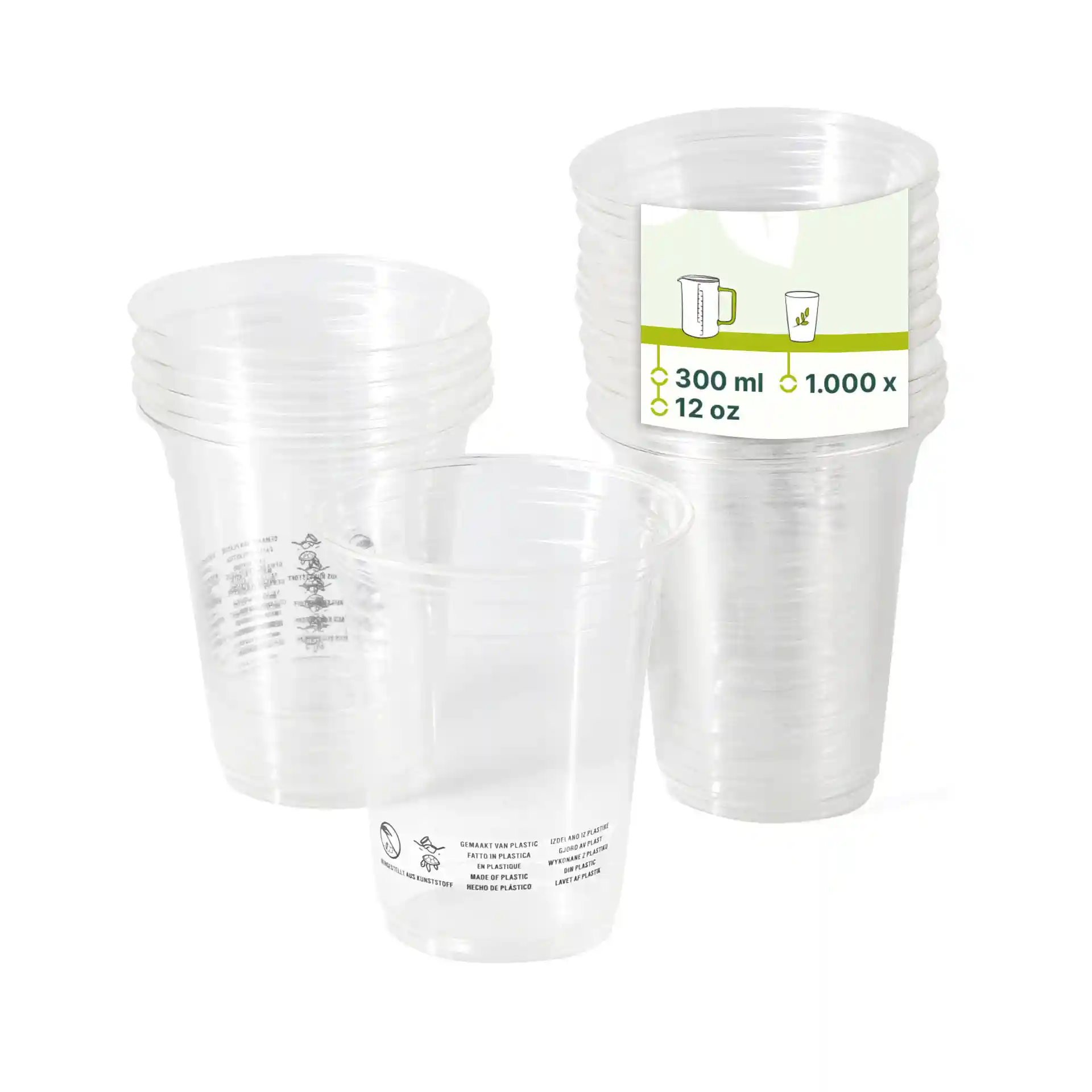 Klare Plastikbecher übereinander gestapelt, mit einem Becher vorne, der ein Etikett mit 300 ml und 12 oz Größe zeigt.
