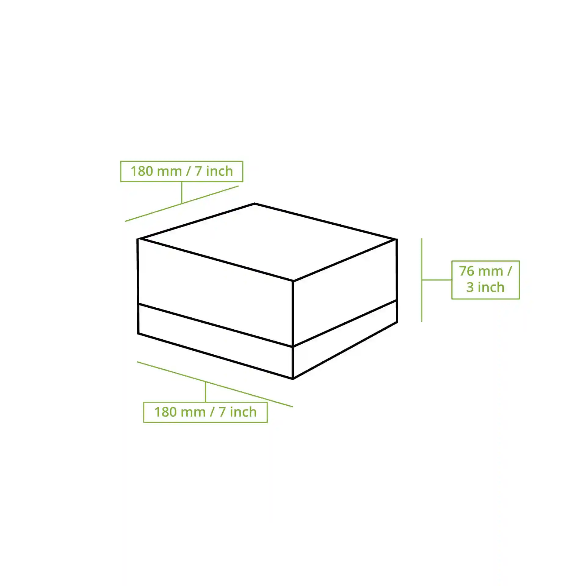 Schematic drawing of a square pastry box with dimensions labeled: 180 mm length, 180 mm width, and 76 mm height.