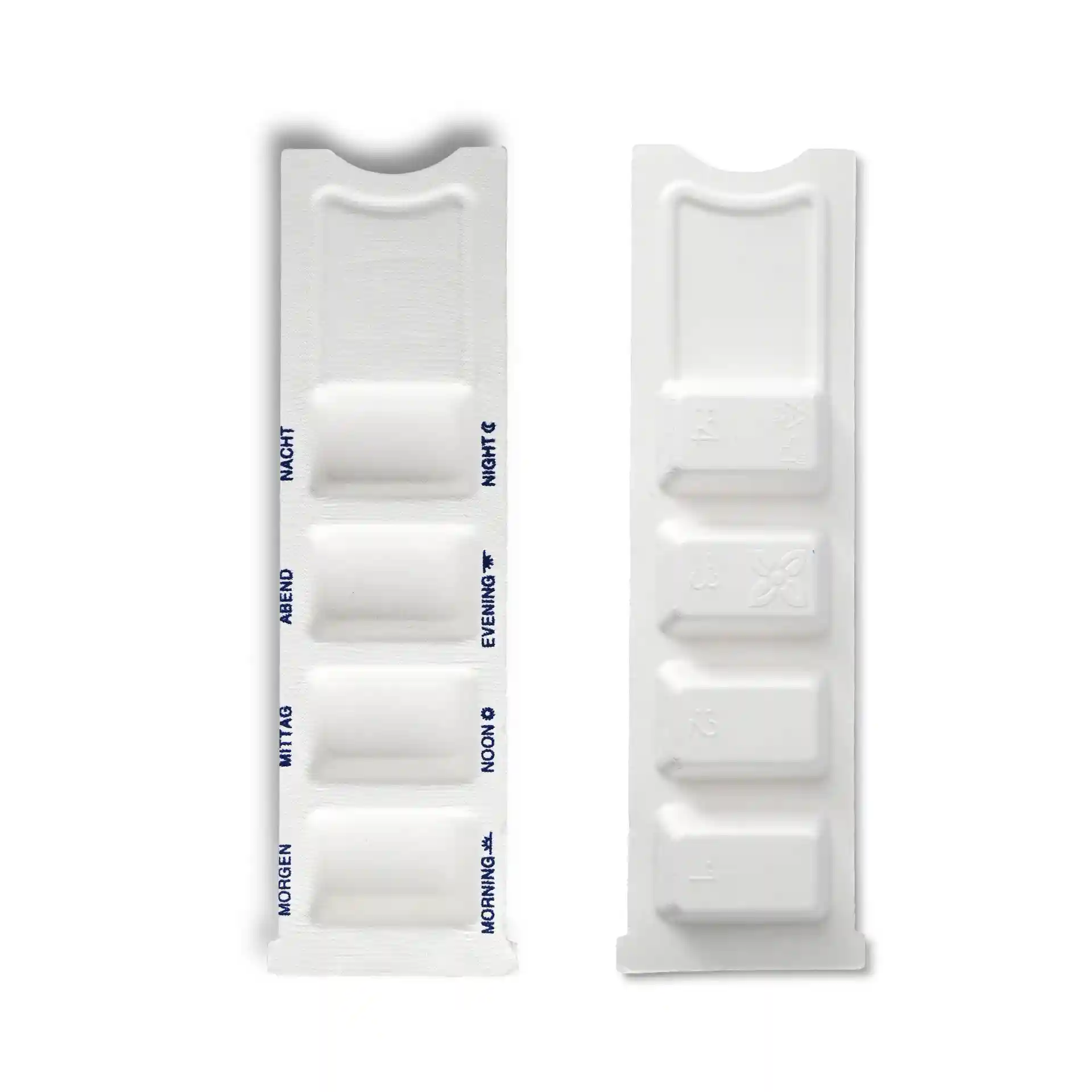 White rectangular medication dispenser with four chambers and a sliding lid, measuring 22 x 6.3 cm.