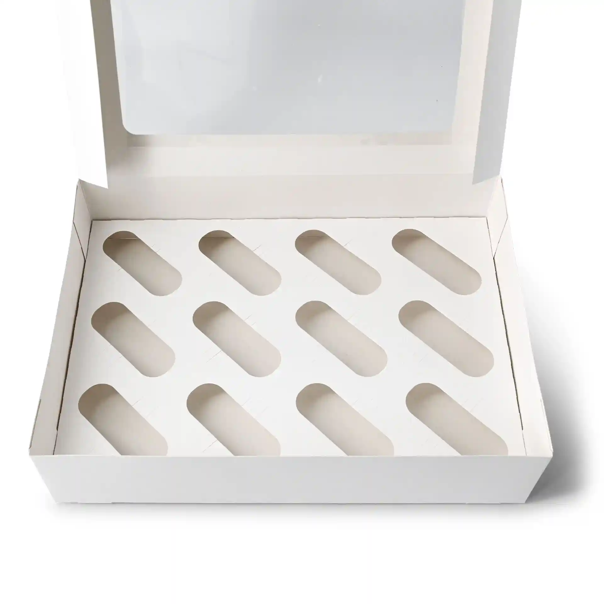 Cardboard insert for cupcake boxes with 12 oval-shaped cutouts on a cream white base.