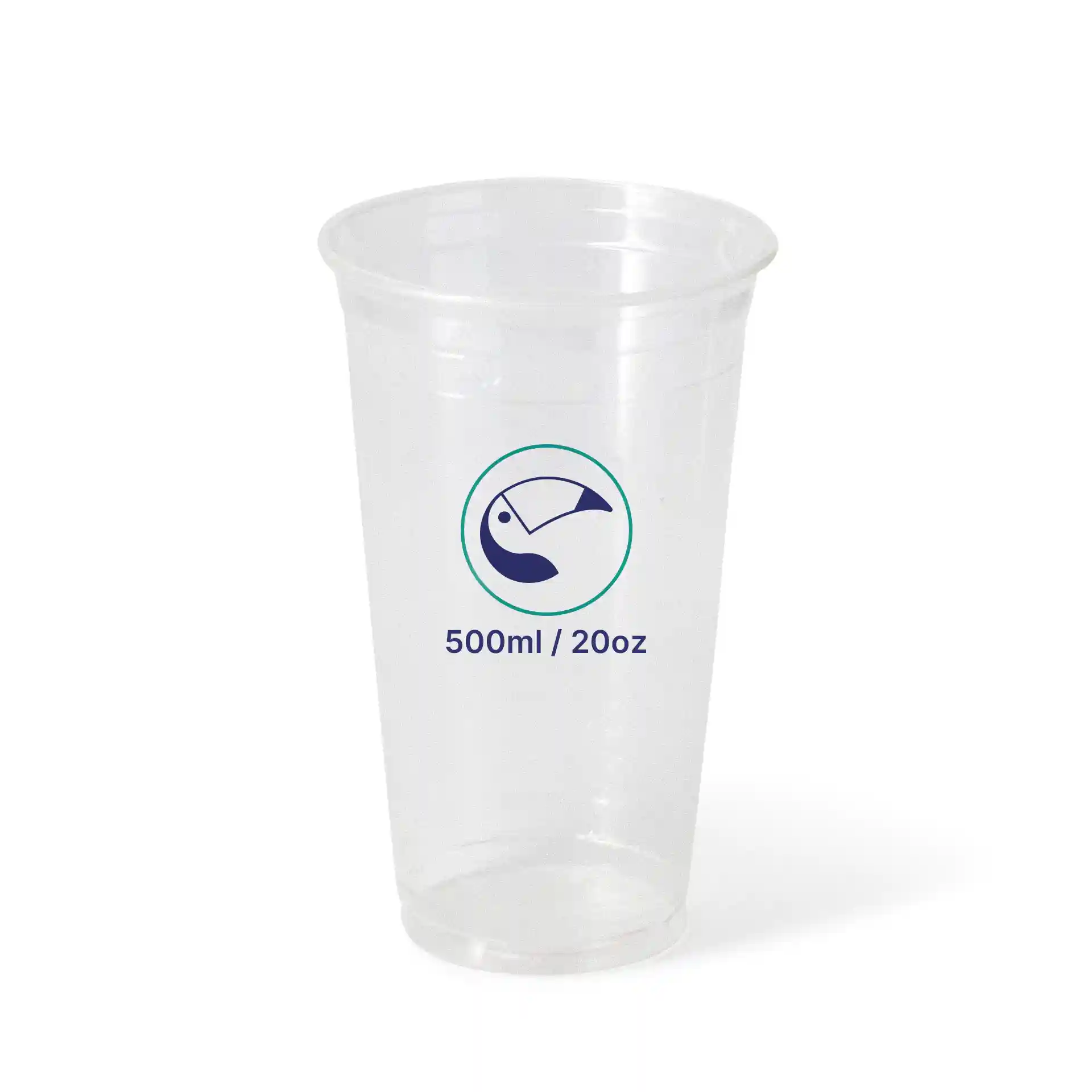 Klarer Plastikbecher mit einem Fassungsvermögen von 500 ml, mit bedrucktem Messlabel und einem Durchmesser von 95 mm.