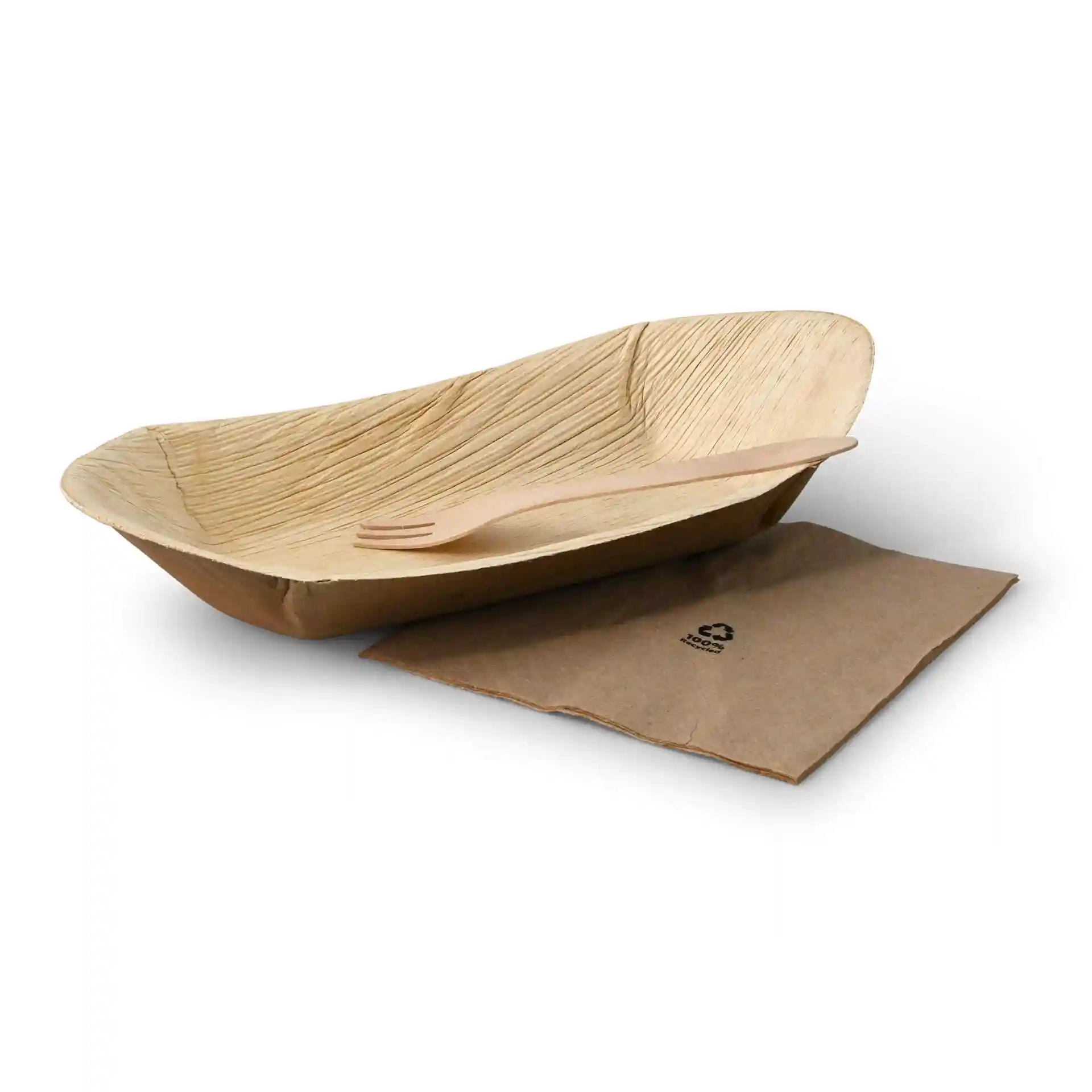 Deep palm leaf boat with a fork and a brown napkin on a white background.