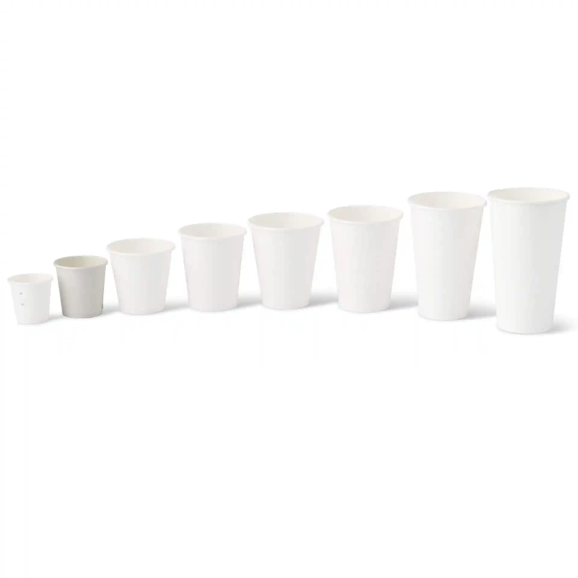 Set of eight white paper cups in various sizes, with the largest cup measuring 100 ml and 62 mm in diameter.