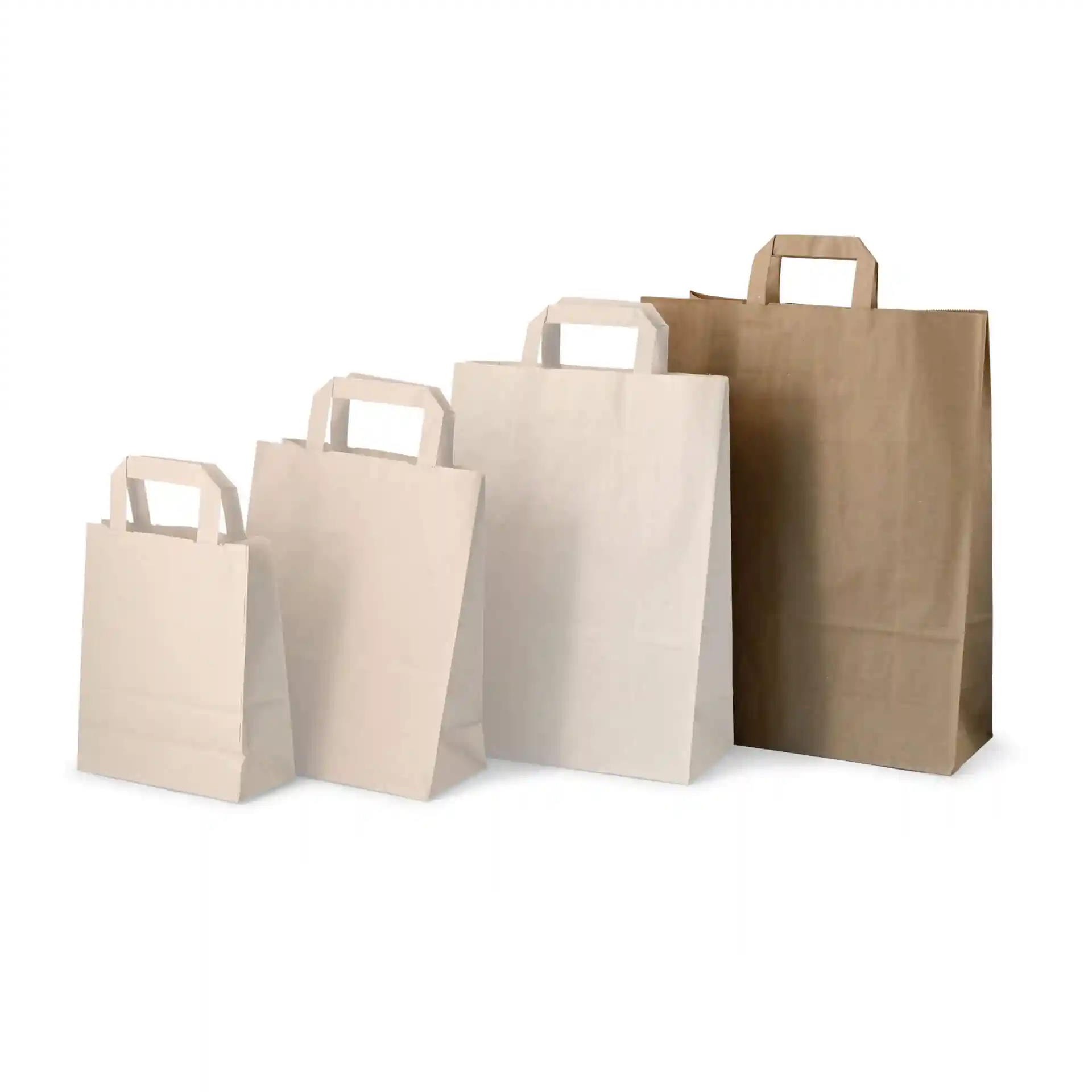 Image of four paper carrier bags in varying sizes, two in white and two in brown, with handles on top.