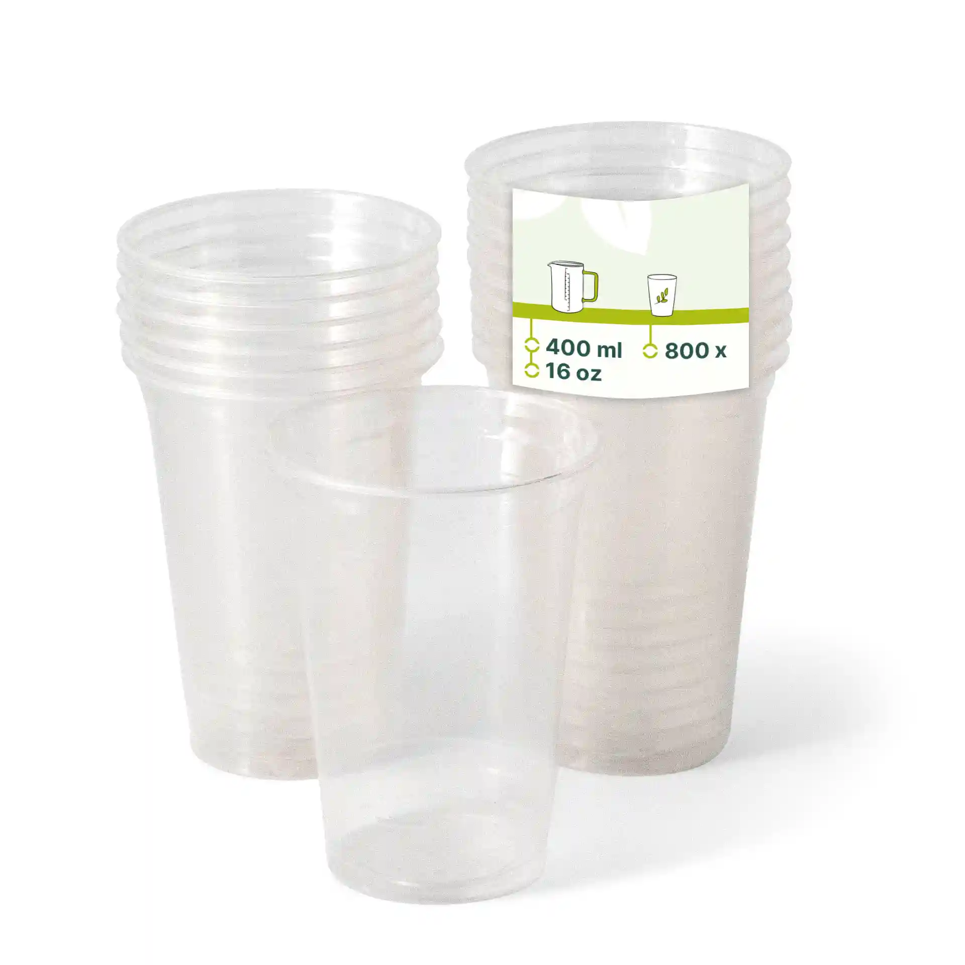 Transparente Plastikbecher gestapelt mit einem Etikett, das 400 ml Fassungsvermögen und 800 Stück zeigt.