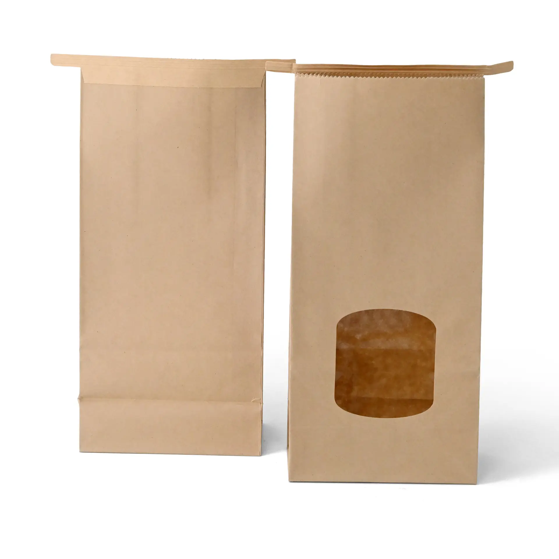 Braune Kraftpapierblockbodenbeutel mit Fenster, 11,5 x 7 x 24,5 cm, mit Zinnverschluss.