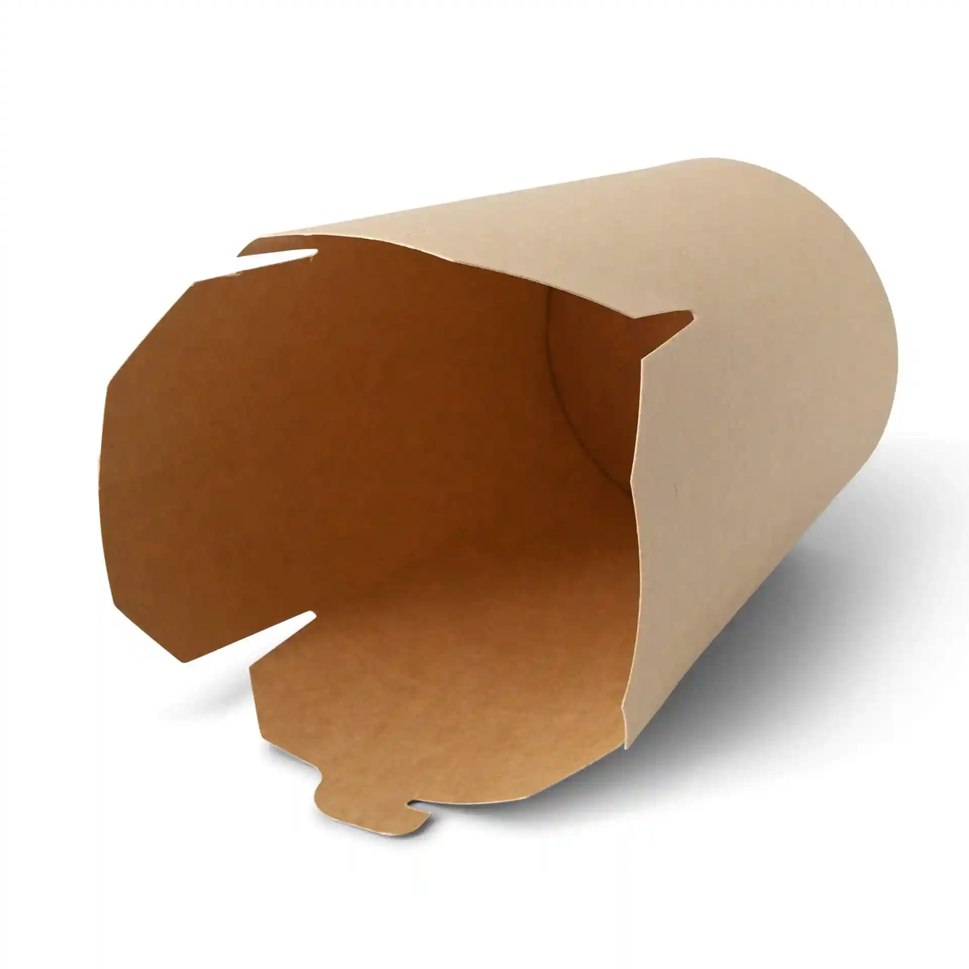 Brown cardboard noodle box with an open top, showing the interior and flaps for closure.
