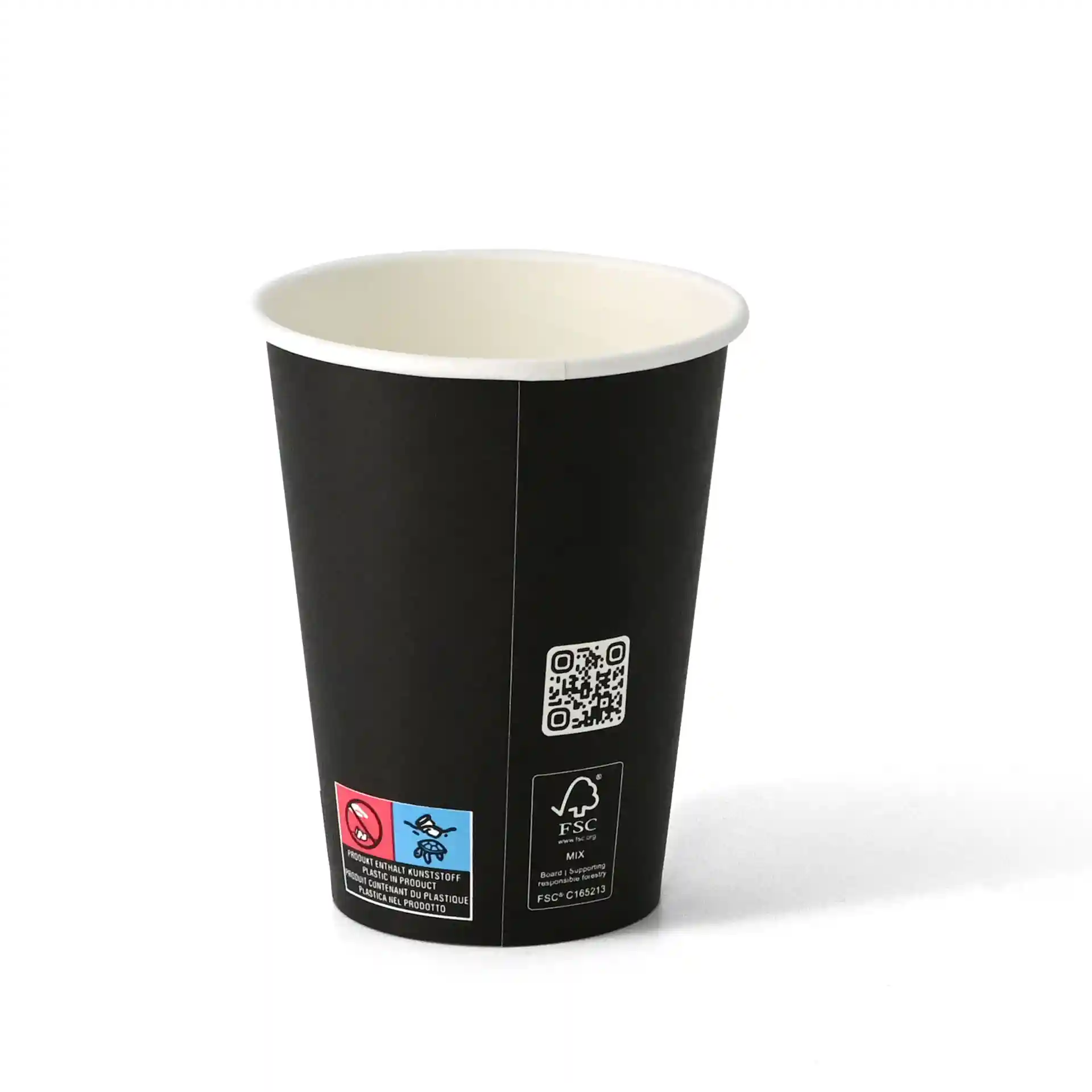 Schwarzer Becher aus Papier mit PLA-beschichtetem Innenraum, 300 ml Fassungsvermögen und 90 mm Durchmesser.