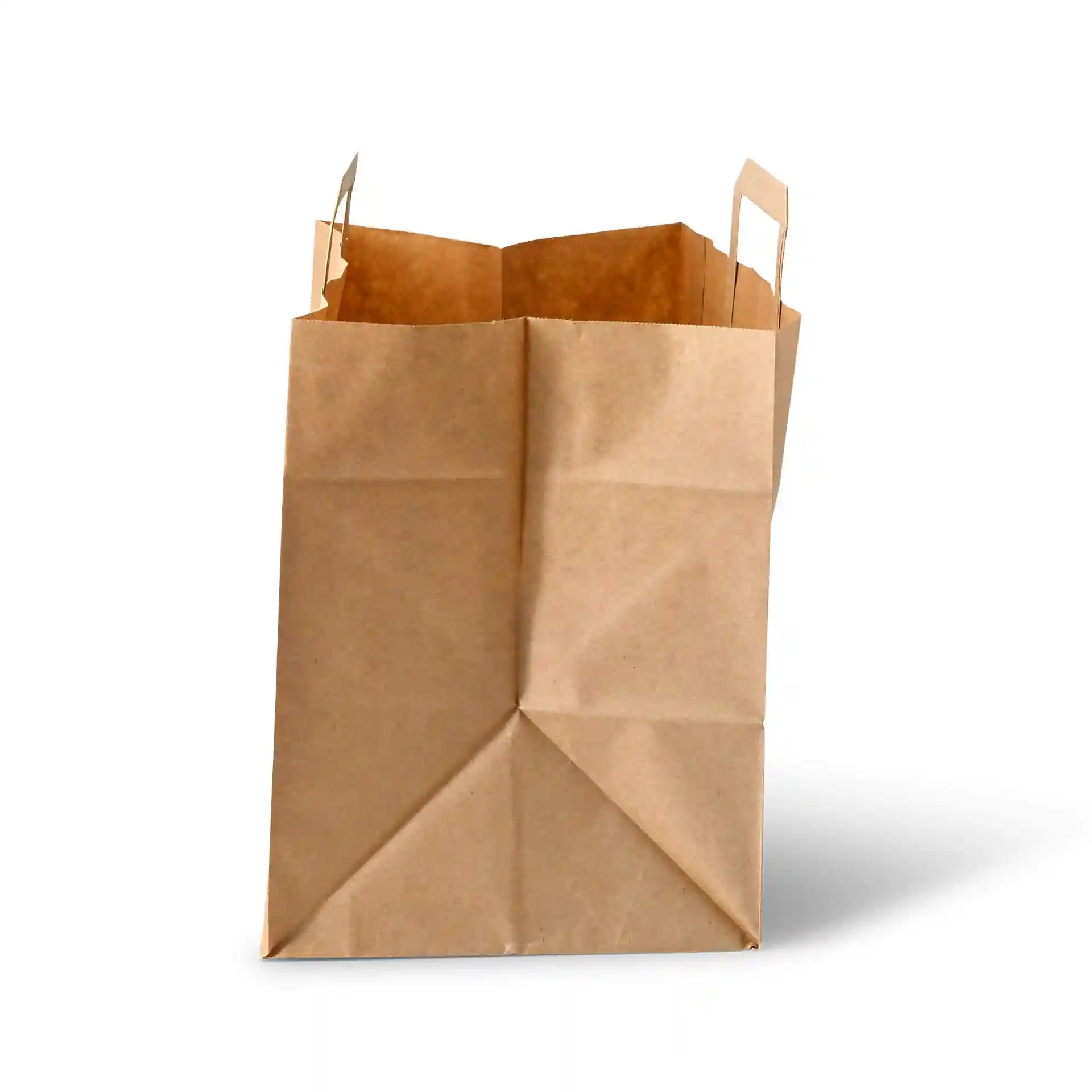 Braune Papiertasche mit offenem Oberteil, Maße 32 x 21 x 27 cm, aus unbeschichtetem Recyclingpapier.