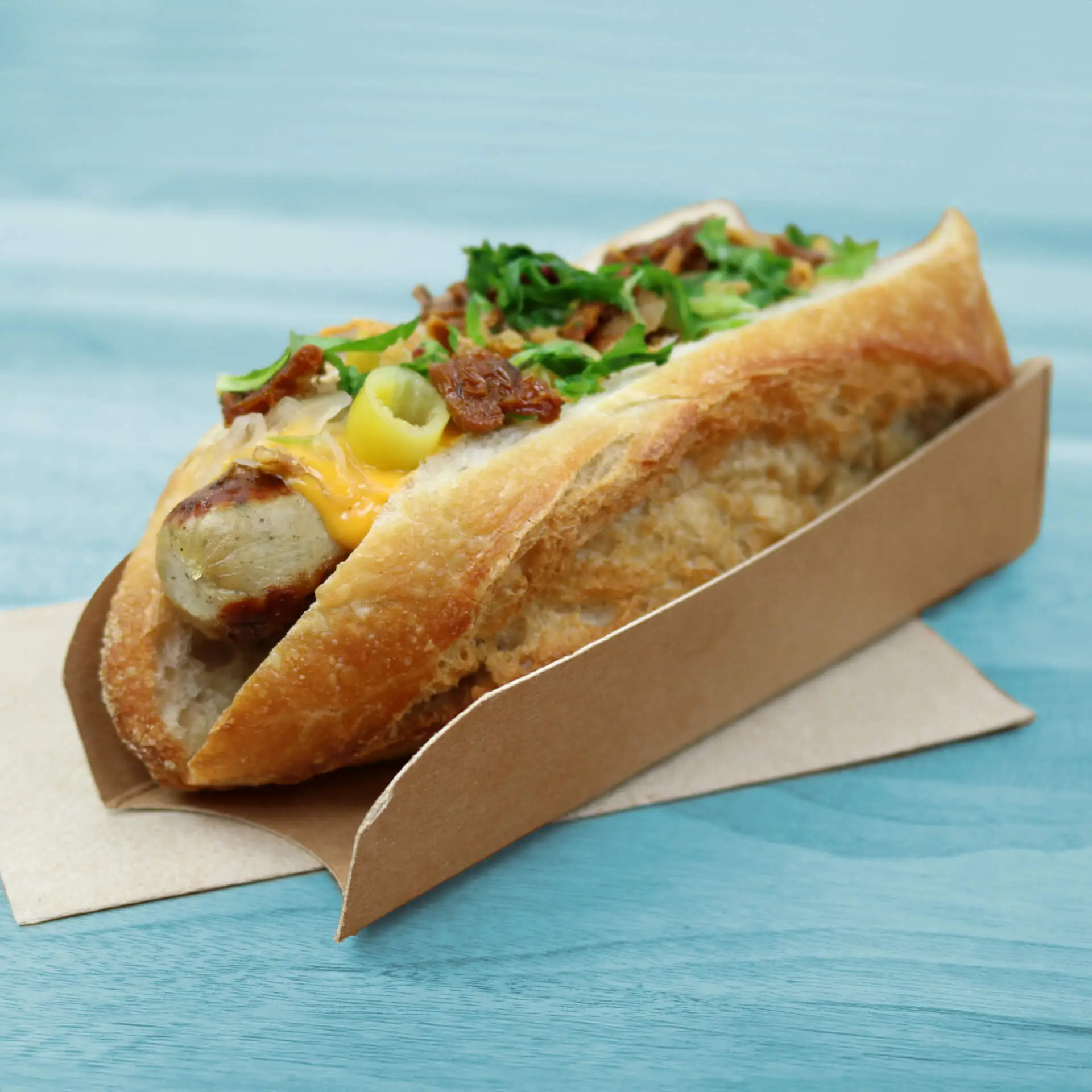 Hotdog Verpackung 18 x 5 cm, braun, faltbar Hotdog Verpackung 18 x 5 cm, braun, faltbar