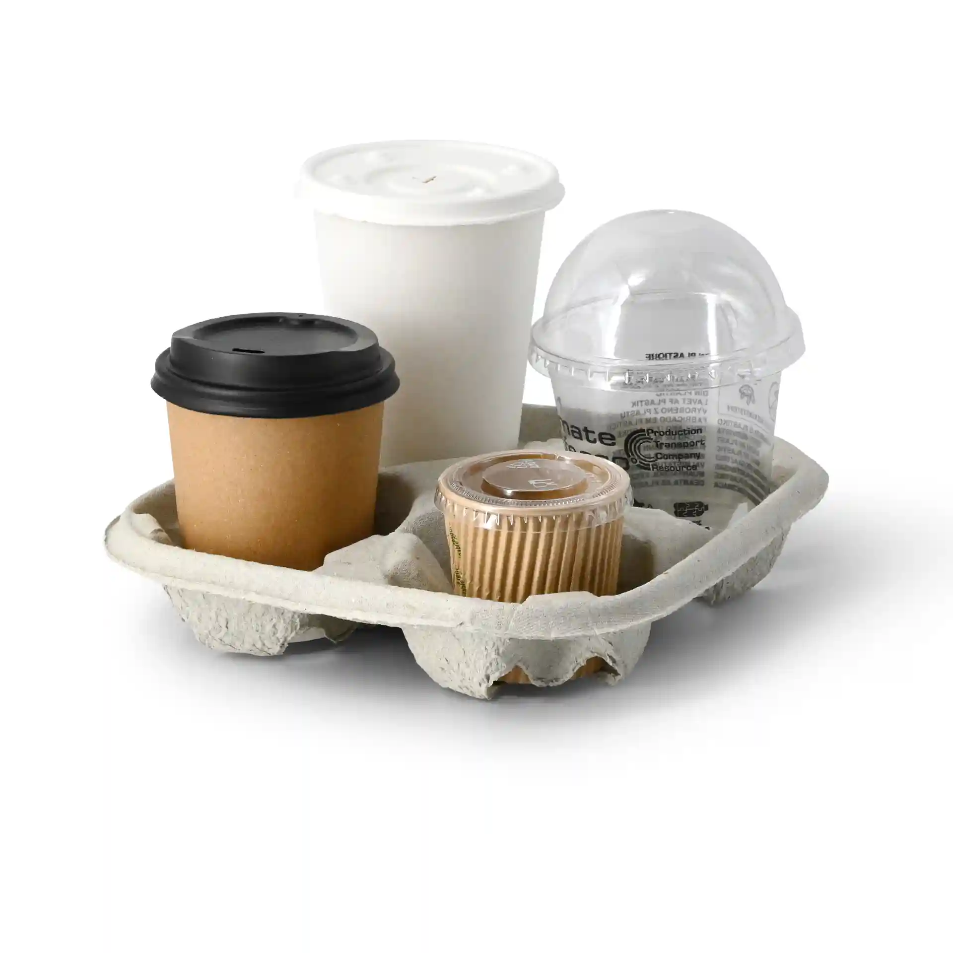 Cardboard cup holder with four compartments, holding two cups and two smaller containers.