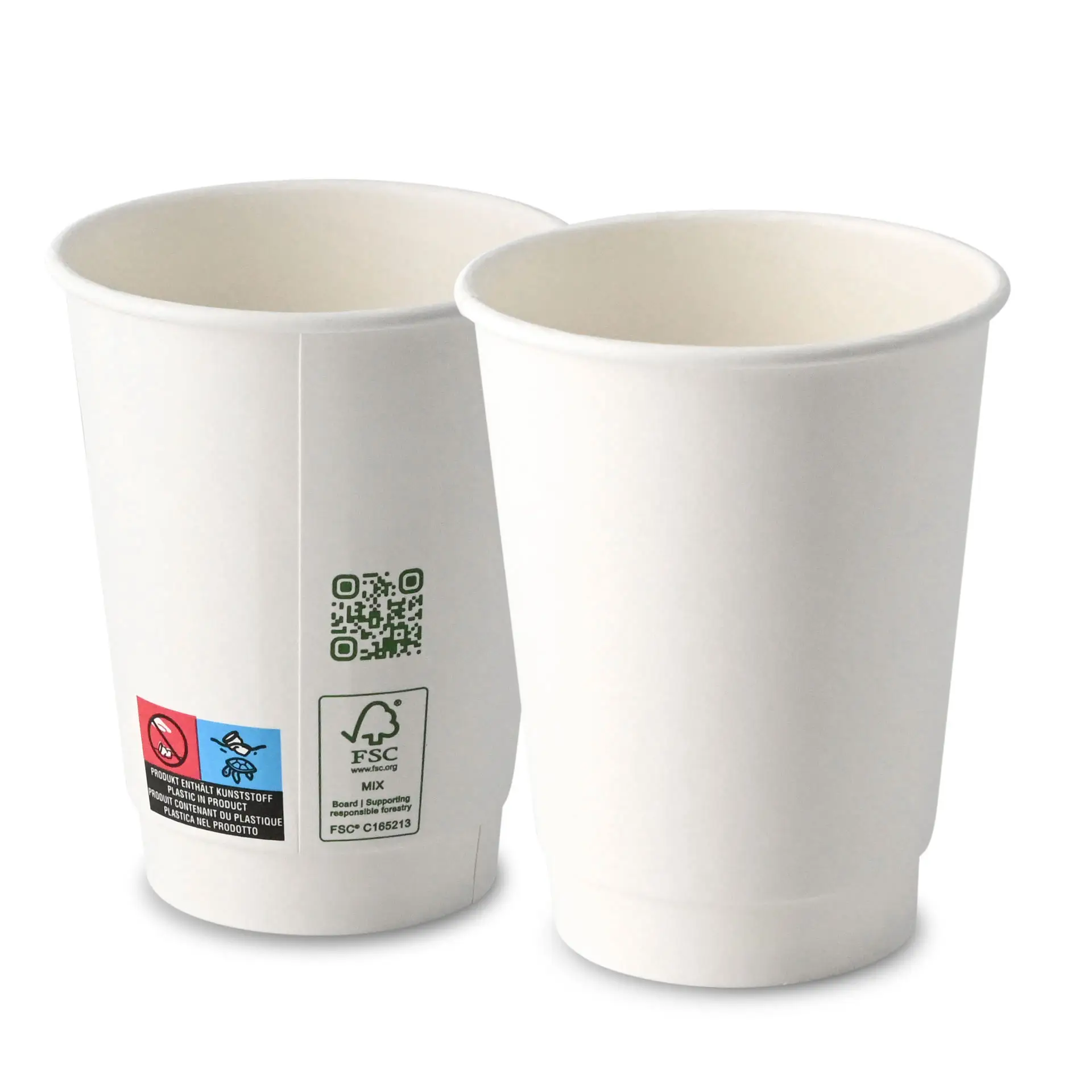 Double-walled white coffee cup, 300 ml with PLA inner coating; QR code and eco-friendly labels on side.