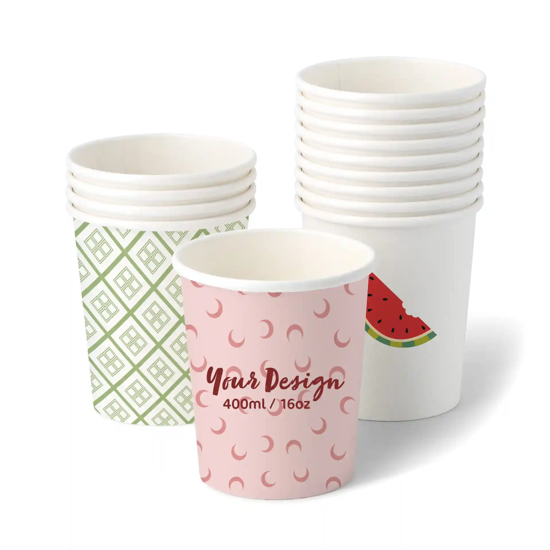 Round ice cream cups in various designs, including pink with crescent patterns and green geometric patterns, stacked together.