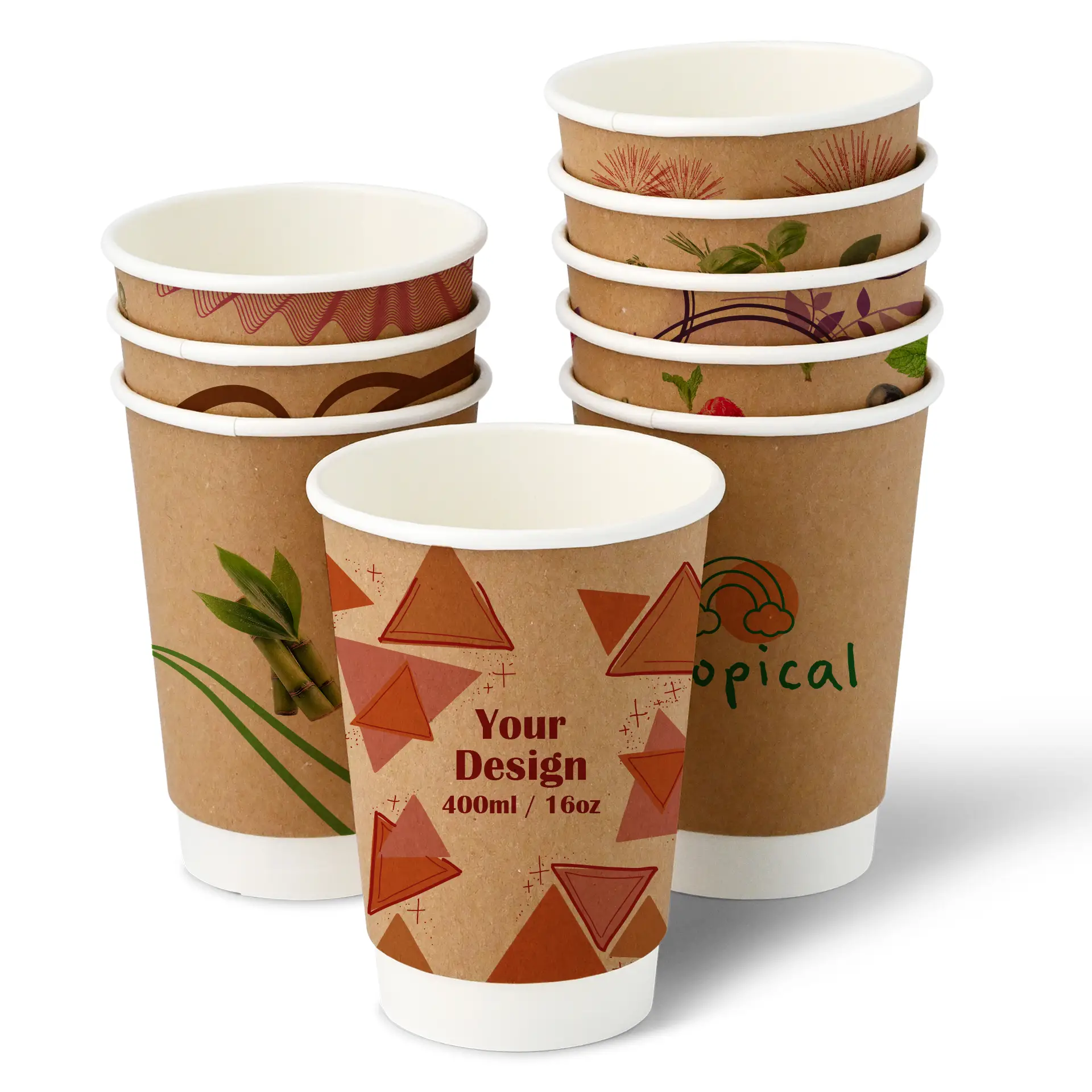 Custom Printed Paper Cups (Double-Walled) 400 ml / 16 oz, double-walled, brown / white, matt, PE coating Custom Printed Paper Cups (Double-Walled) 400 ml / 16 oz, double-walled, brown / white, matt, PE coating