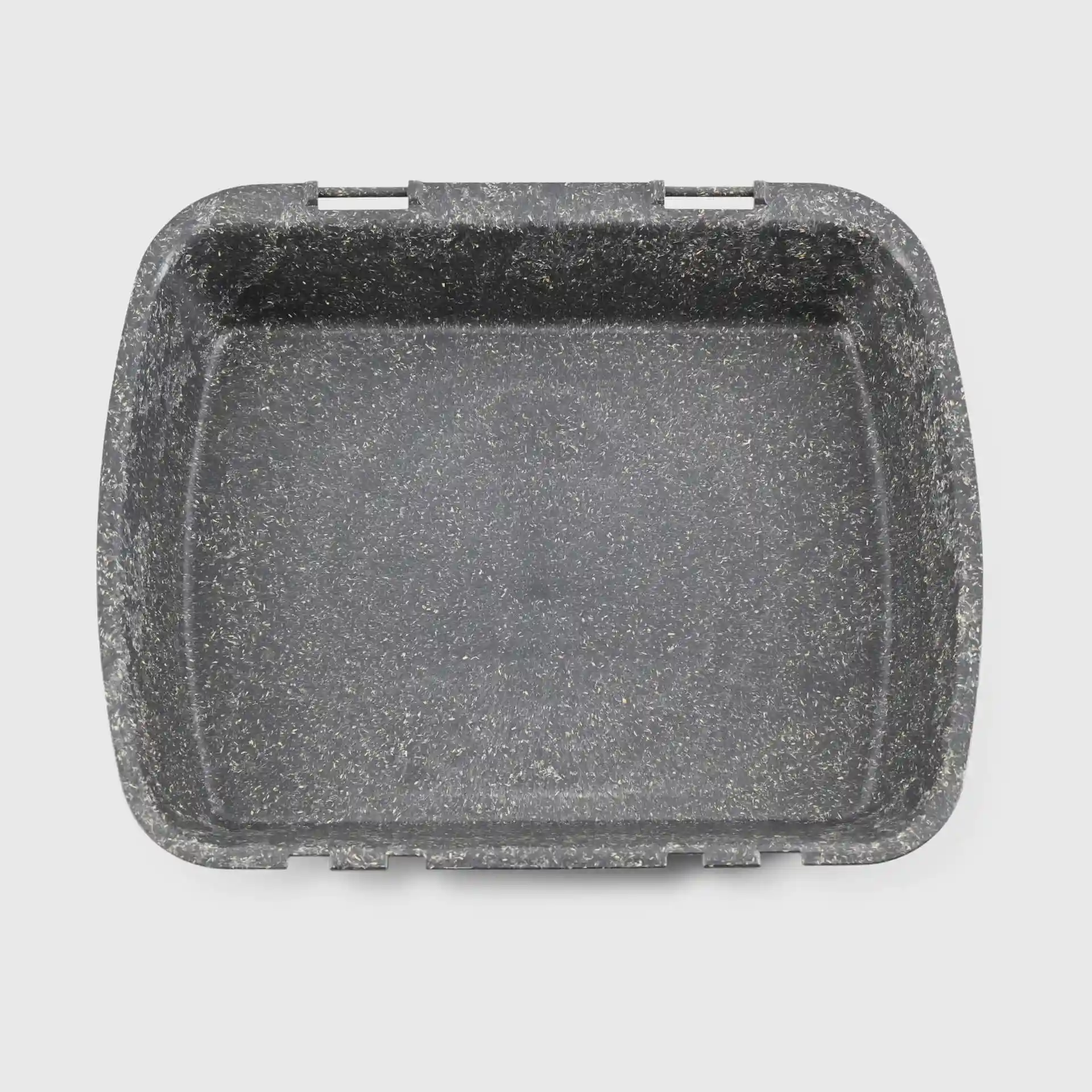 Rechteckiger grauer wiederverwendbarer Behälter mit strukturierter Oberfläche, 24,5 x 20 x 4,5 cm groß.