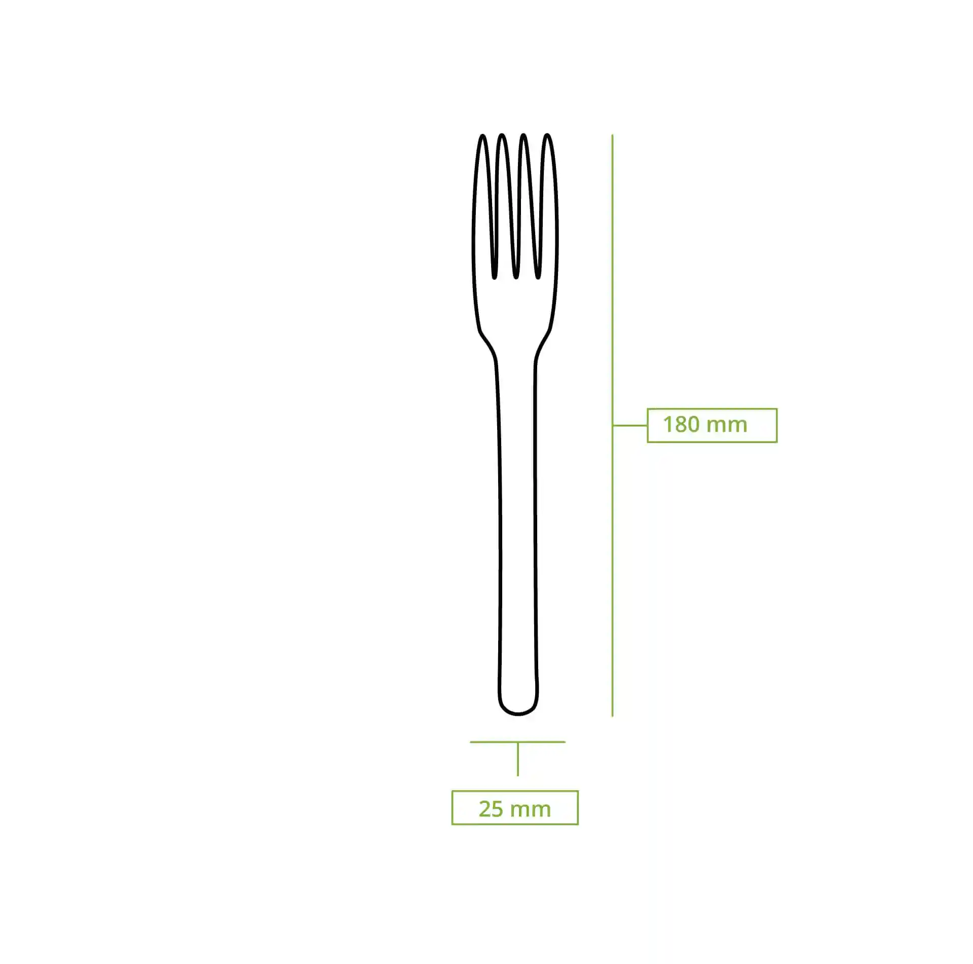 Schematic drawing of a wooden fork with dimension lines indicating 180 mm length and 25 mm width.