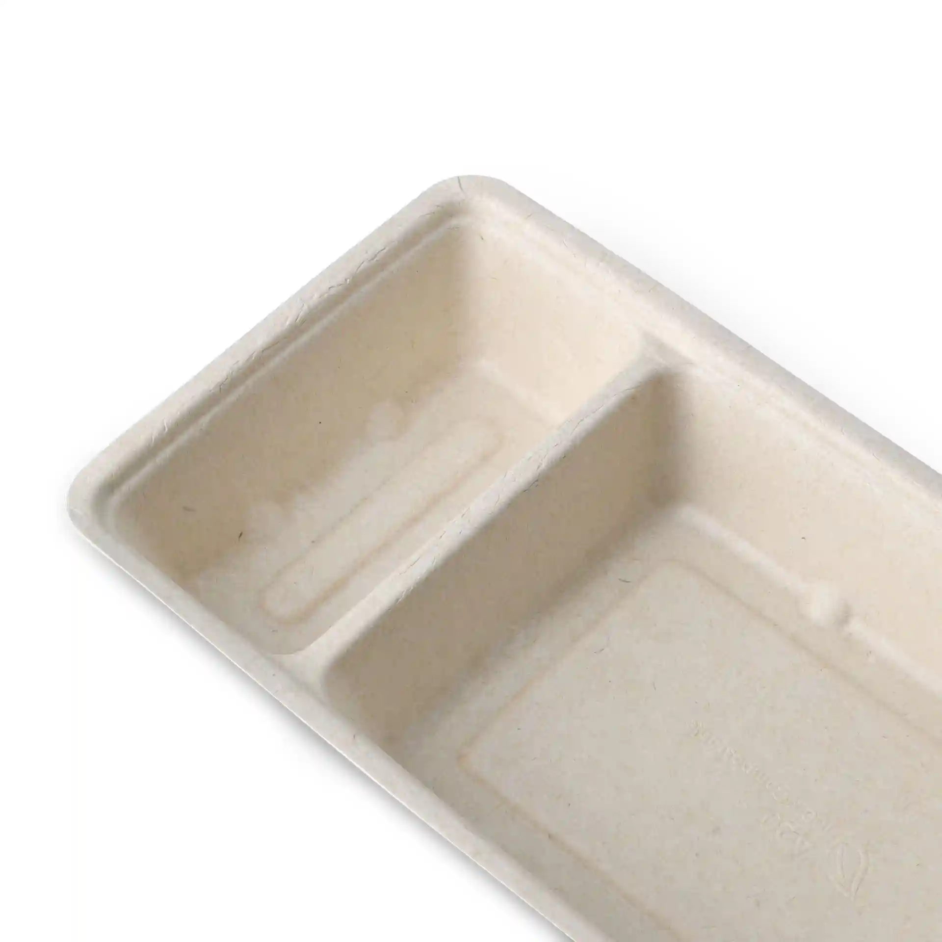 Rechteckige, cremeweiße Bagasse-Chip-Schale mit zwei Fächern, 12 x 20 x 3,5 cm groß.