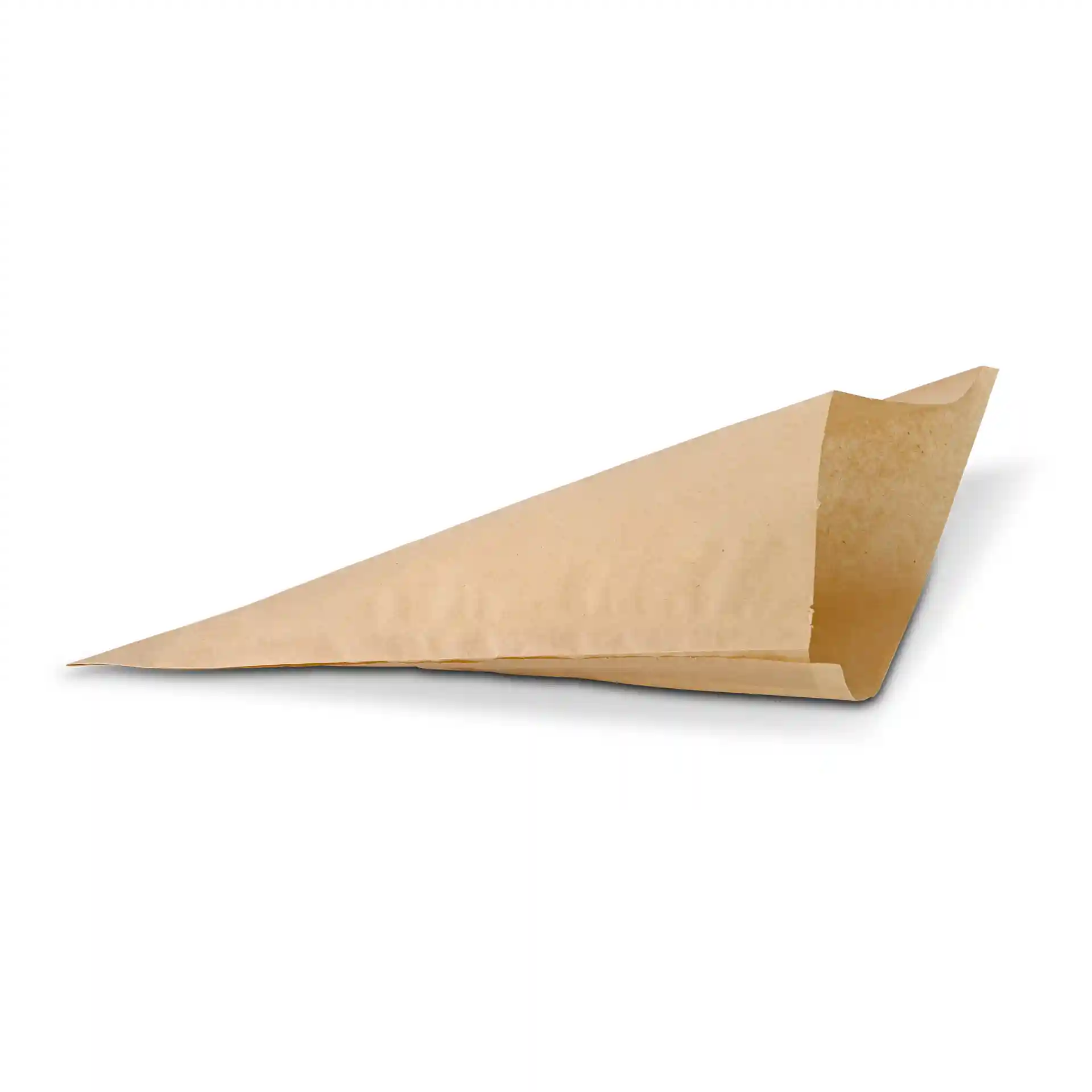 Braune Papiertüte für Pommes Frites, fettabweisend, dreieckig und offen, 23 cm x 23 cm groß.
